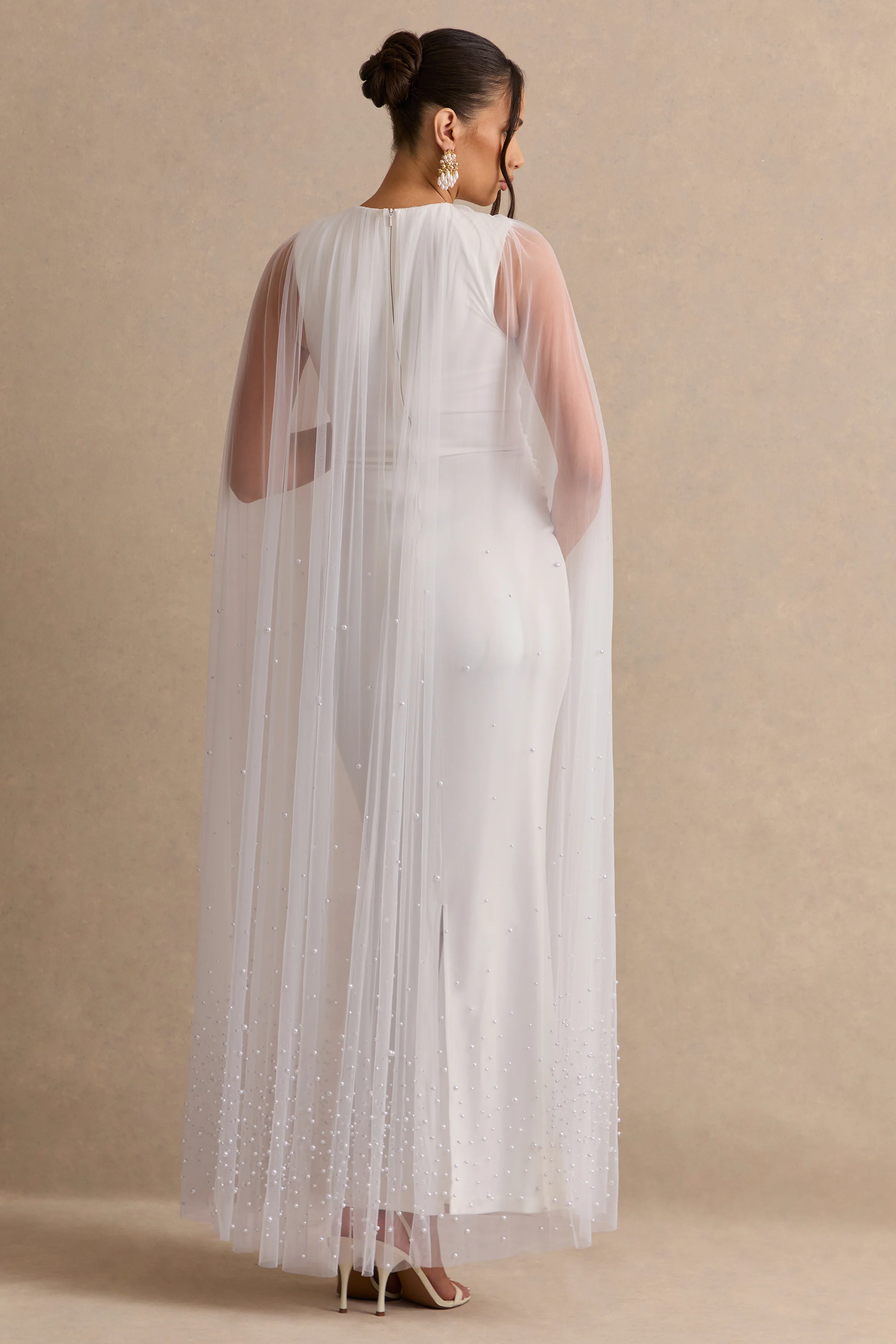Tereza | White Round-Neck Maternity Maxi Dress With Sheer Cape - Image 2