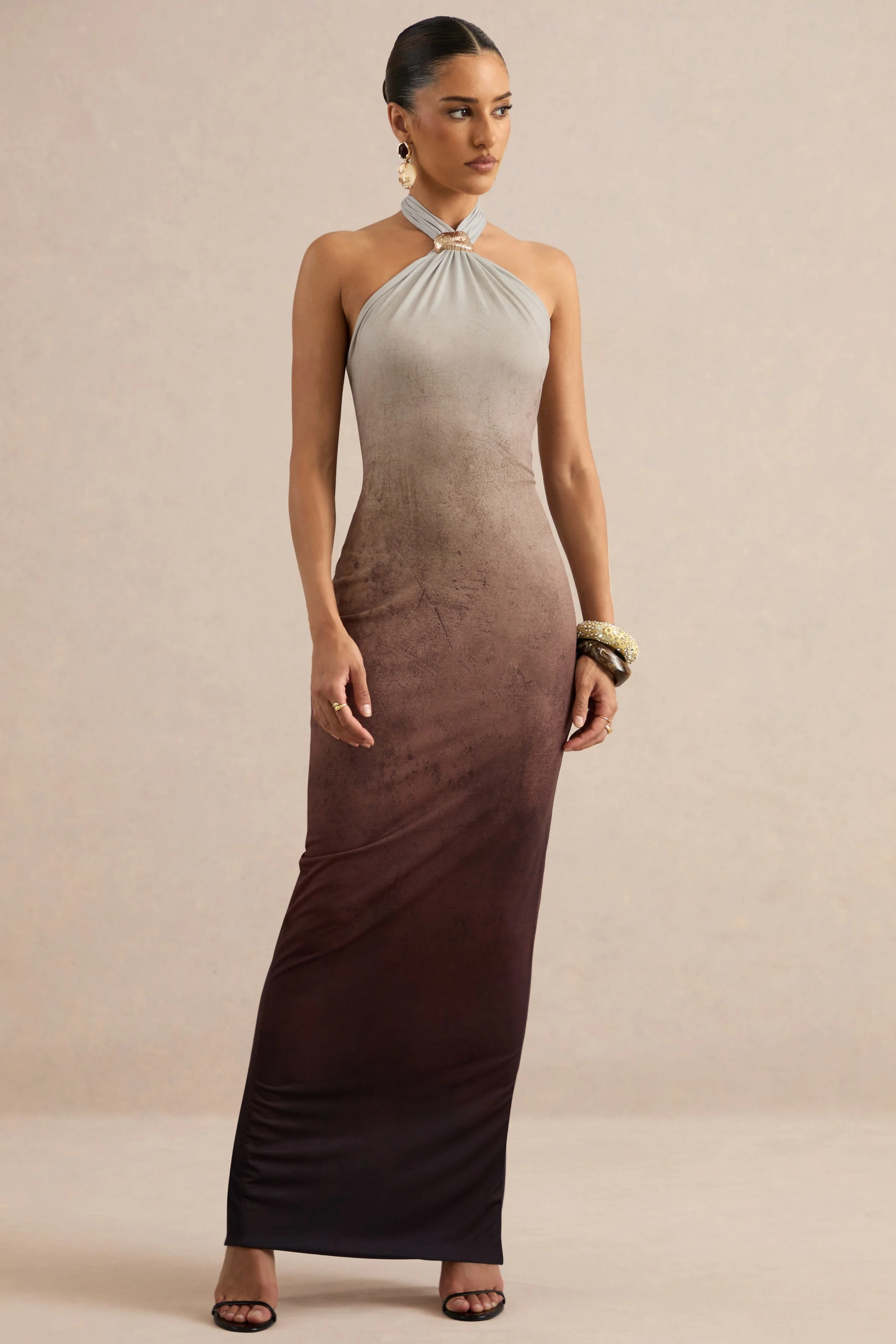 Thera | Brown Ombre Halter-Neck Maxi Dress With Gold Detail - Image 5