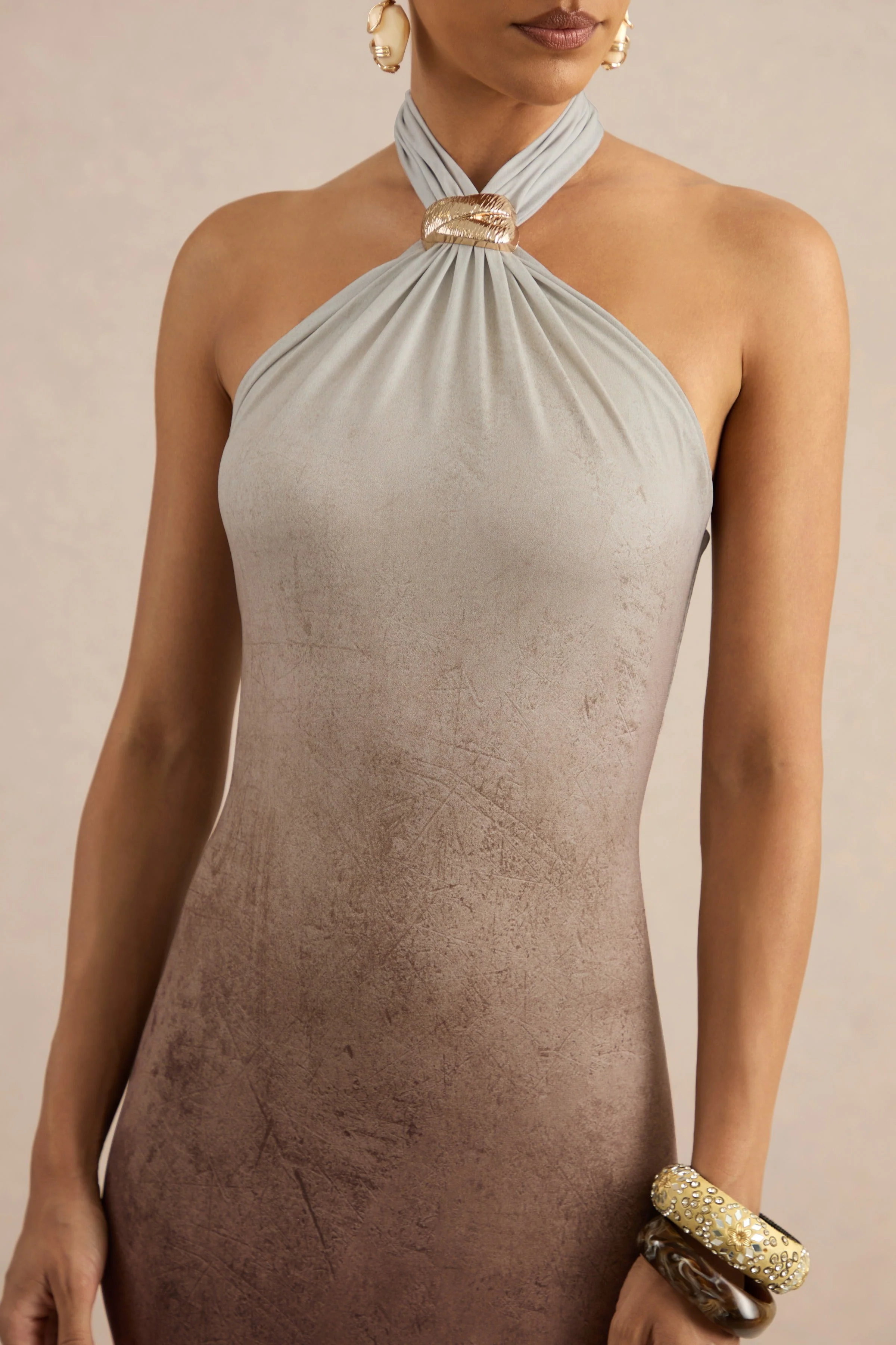 Thera | Brown Ombre Halter-Neck Maxi Dress With Gold Detail - Image 7