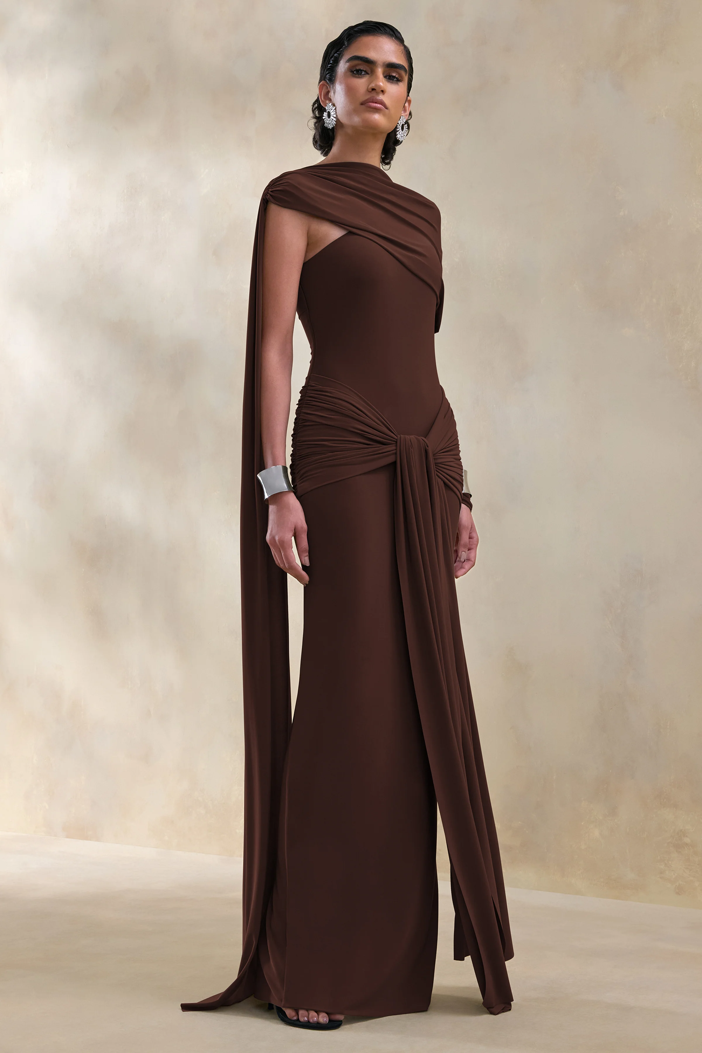 Trisara | Brown Asymmetric-Neck Maxi Dress With Gathered-Detailing And Sash - Image 6