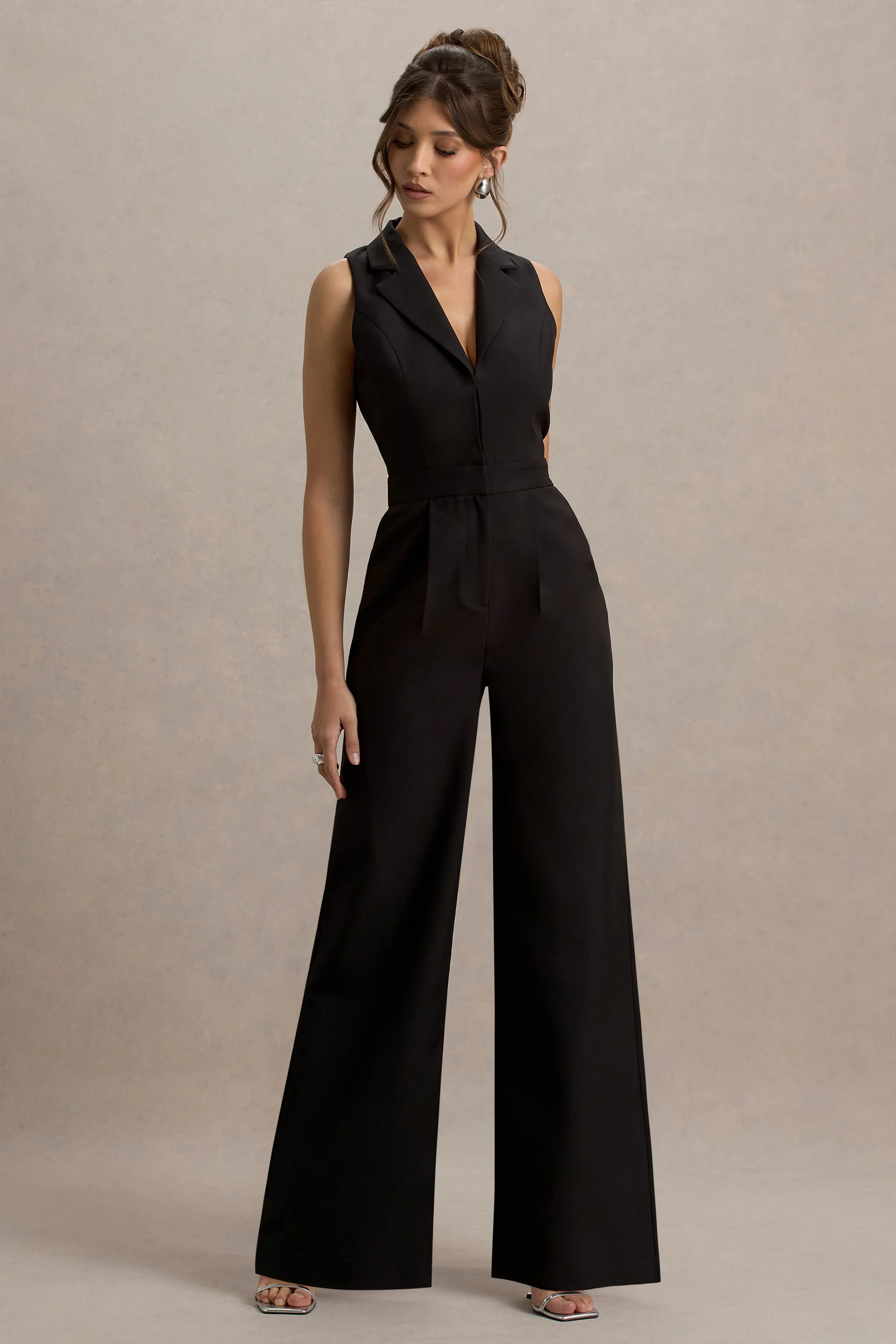 Trixie | Black Plunge-Neck Tailored Jumpsuit - Image 4
