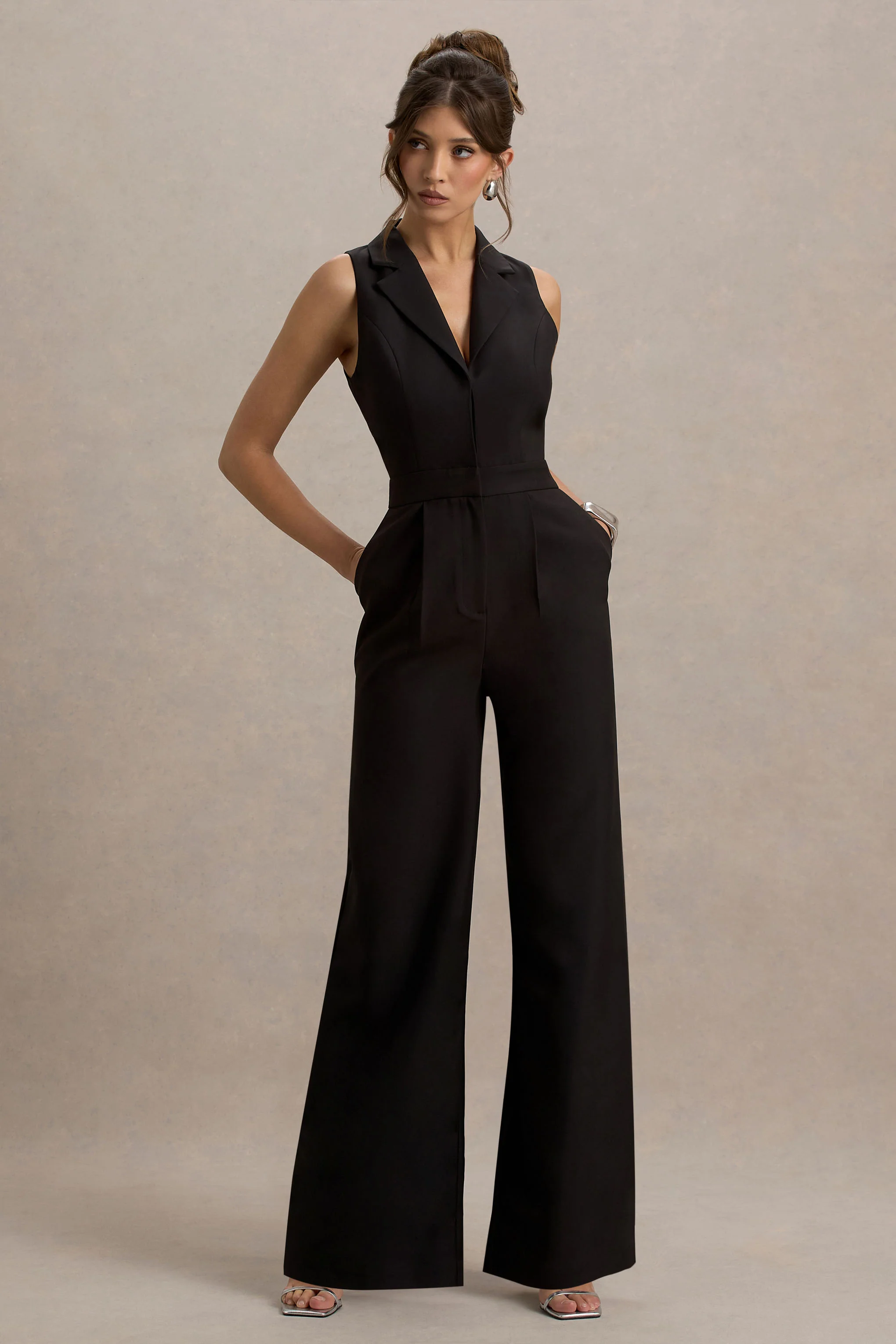 Trixie | Black Plunge-Neck Tailored Jumpsuit - Image 5