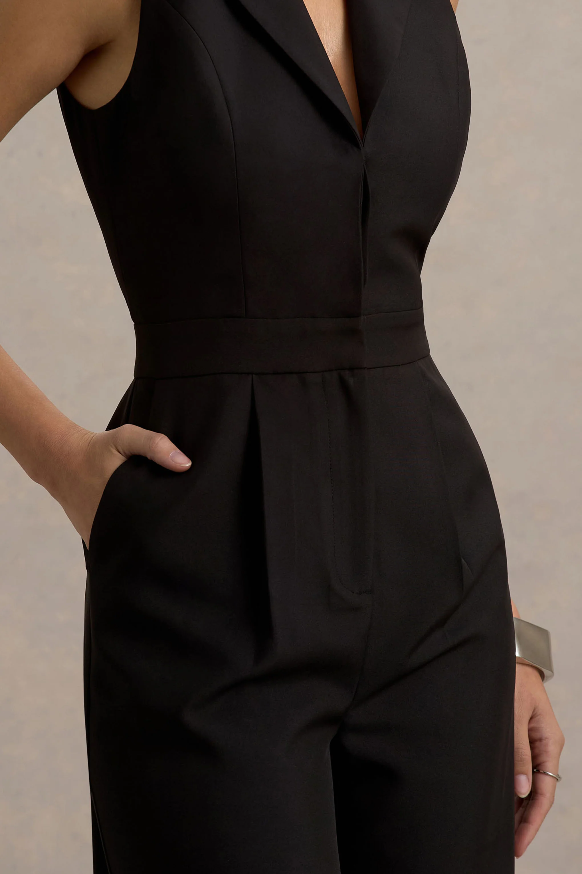 Trixie | Black Plunge-Neck Tailored Jumpsuit - Image 6