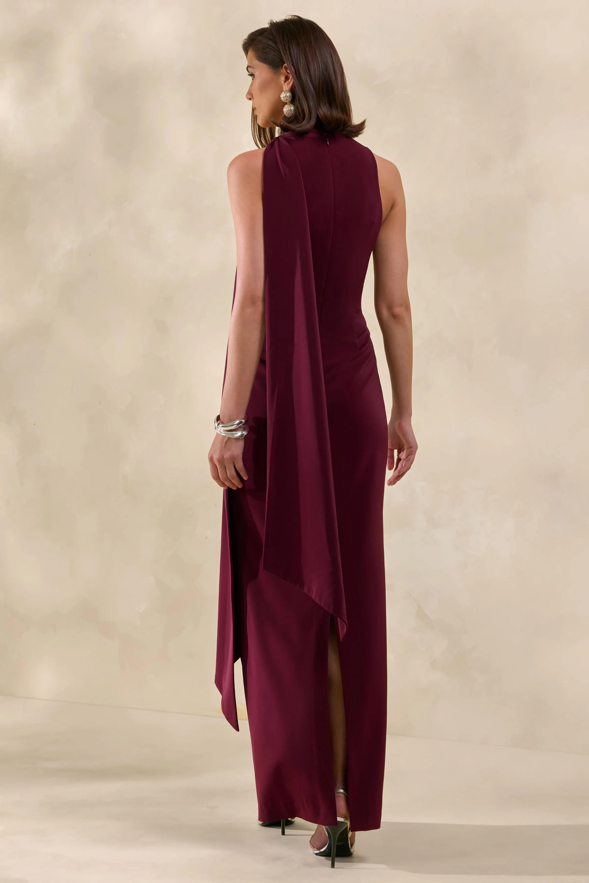 True Icon | Burgundy Satin High-Neck Maxi Slip Dress With Sash - Image 2