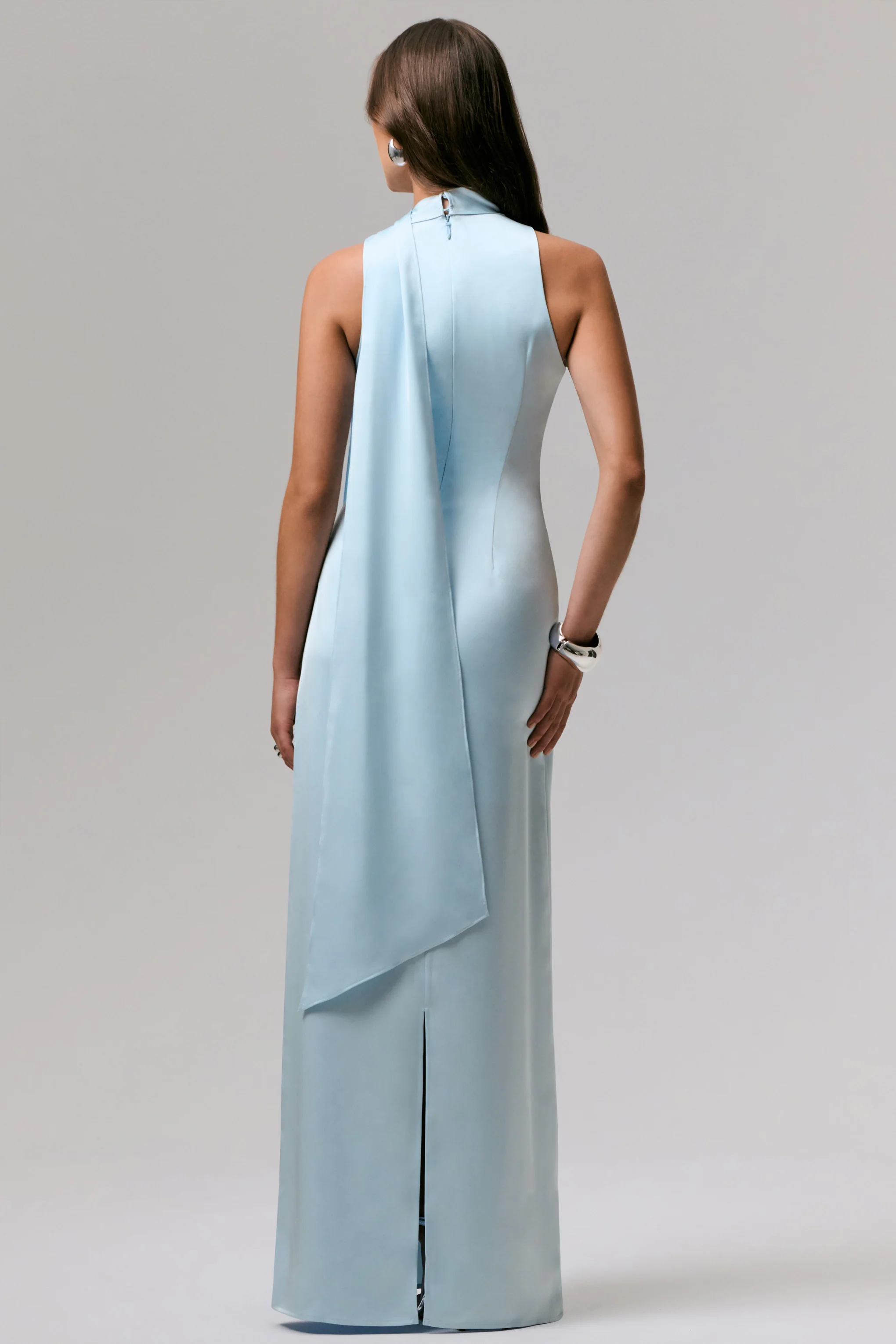 True Icon | Powder Blue Satin V-Neck Maxi Slip Dress With Sash - Image 2