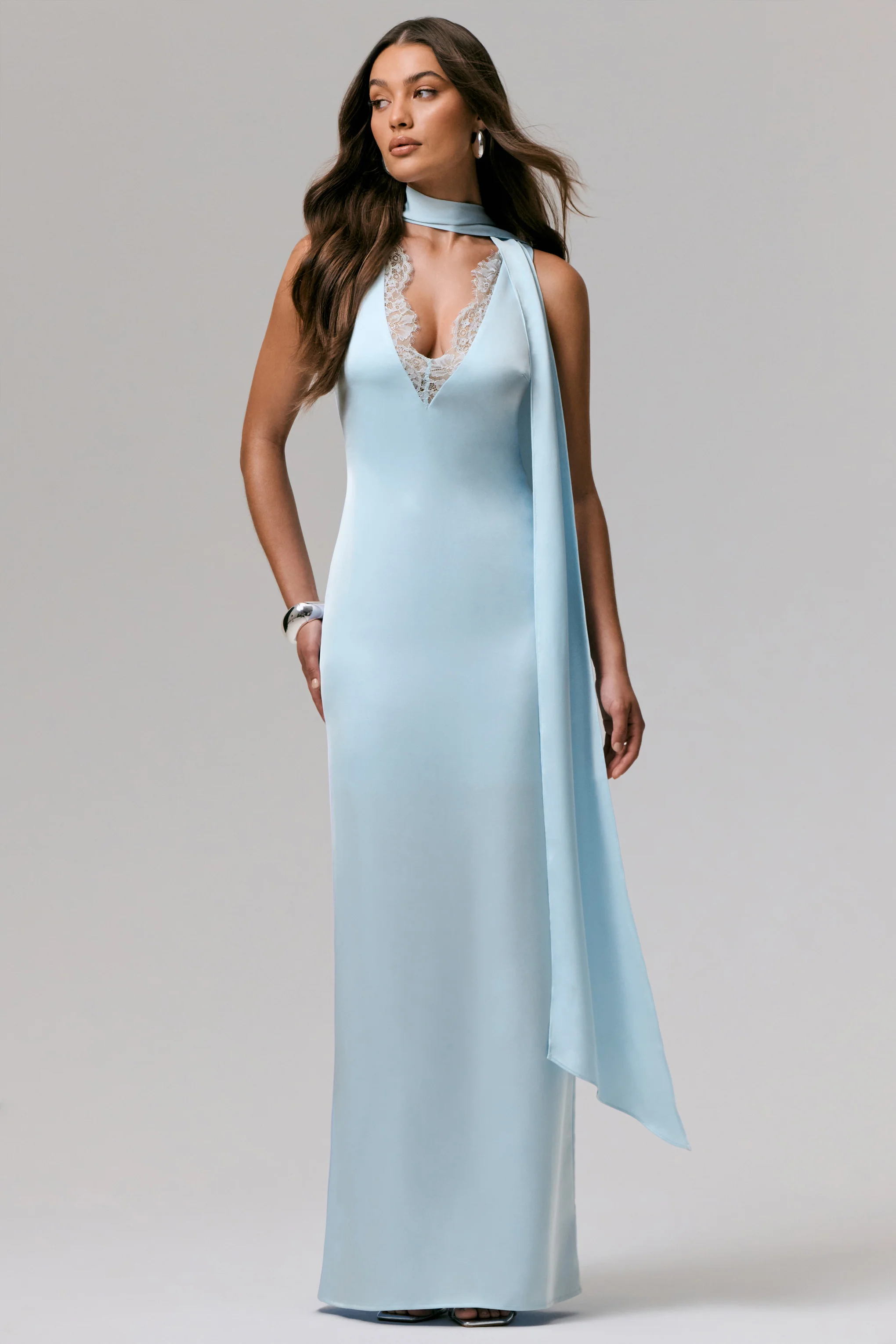 True Icon | Powder Blue Satin V-Neck Maxi Slip Dress With Sash - Image 3