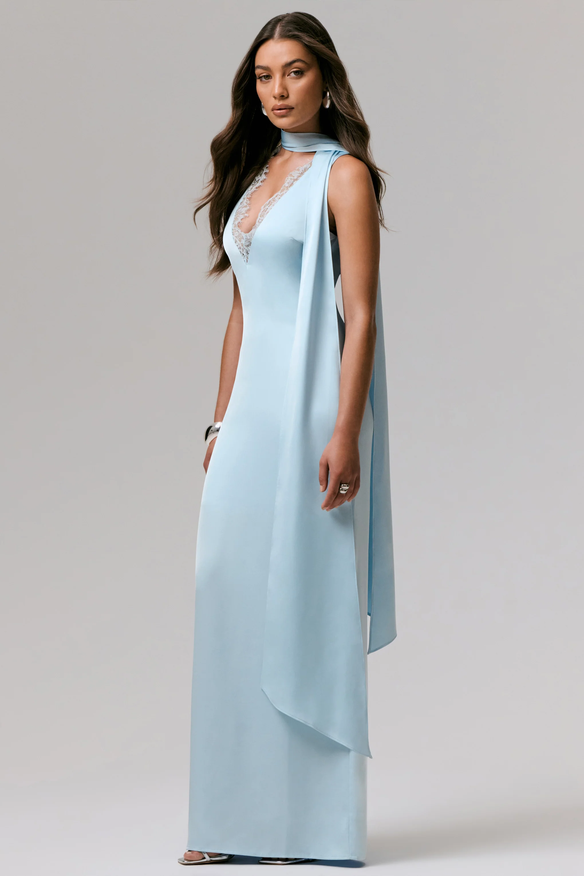 True Icon | Powder Blue Satin V-Neck Maxi Slip Dress With Sash - Image 4