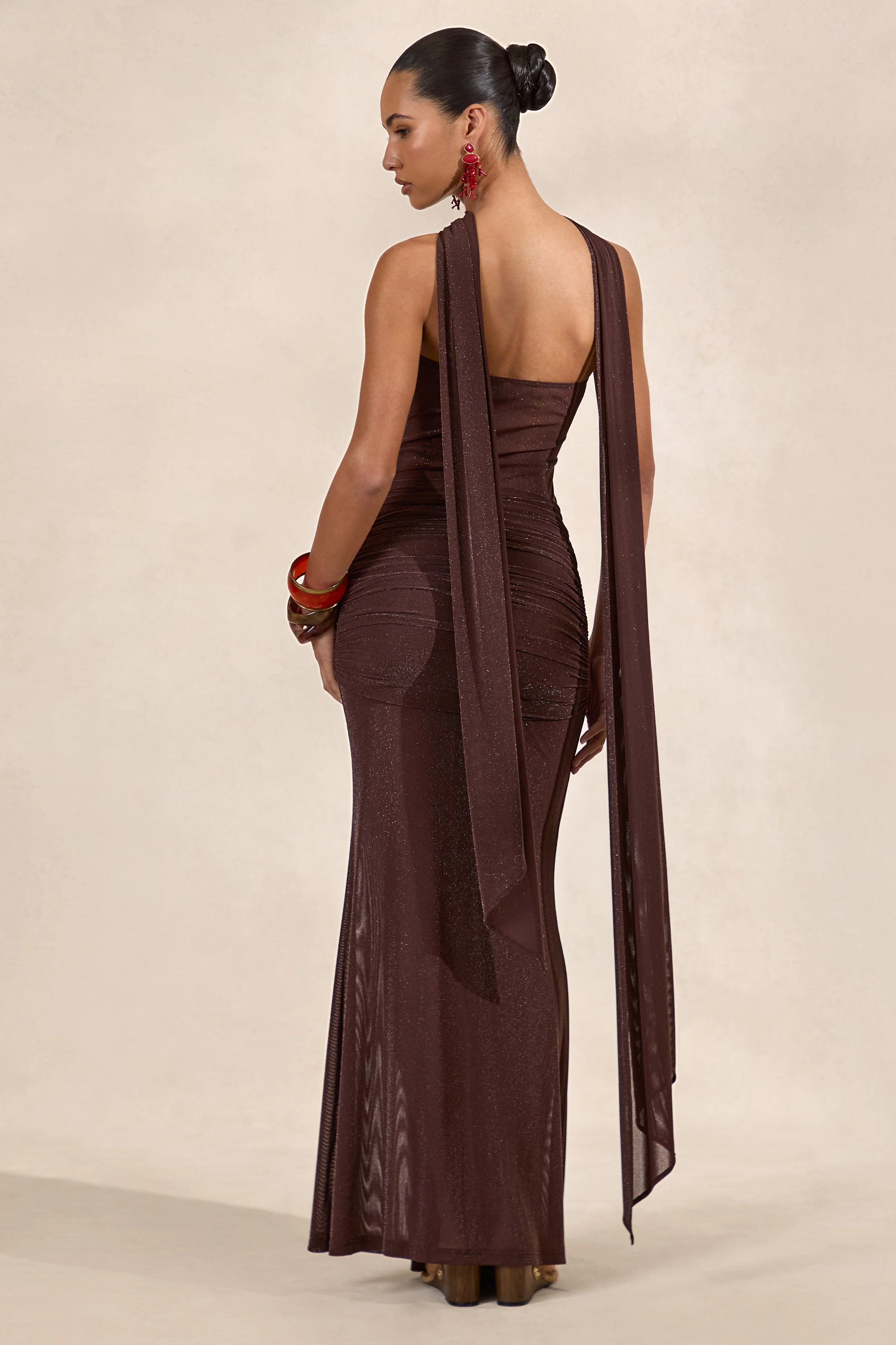 Ursa | Brown Bandeau-Neck Maxi Dress With Scarf Detail And Gathered Detailing - Image 2