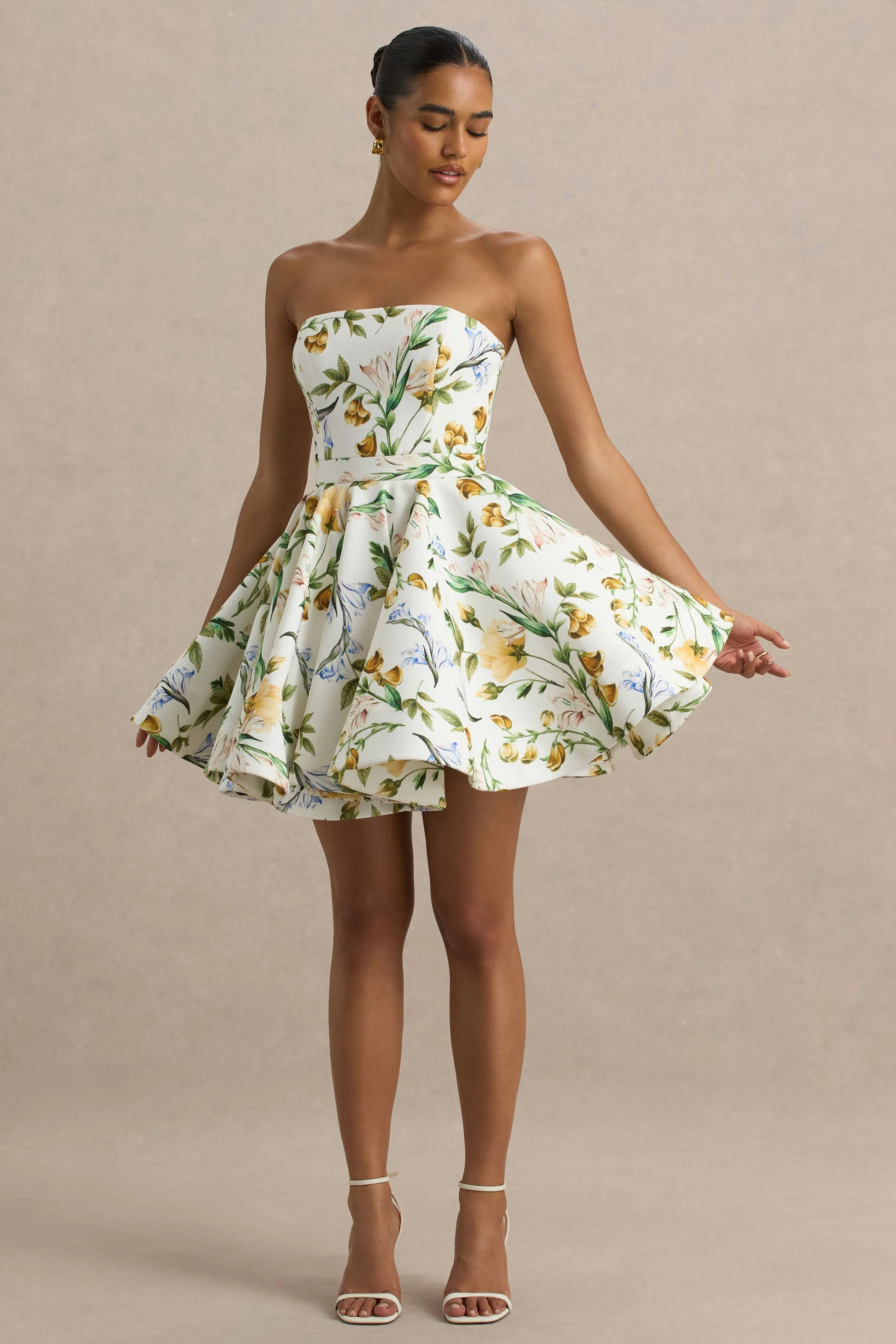 Valerian | Lemon Floral Print Bandeau Mini Dress With Ruffle Hem - Image 5