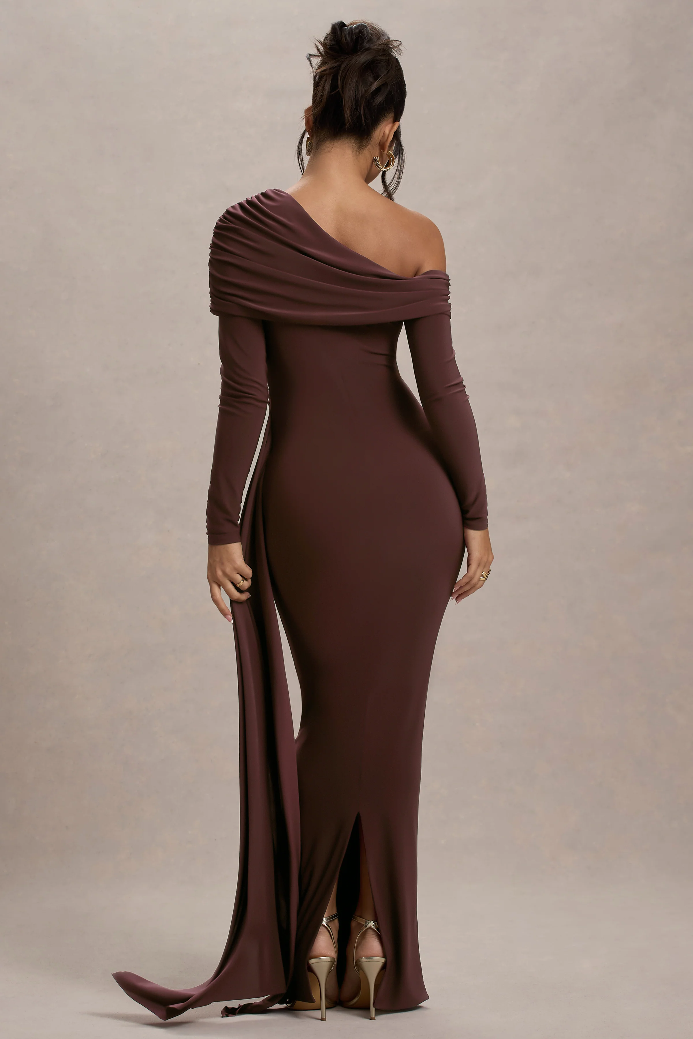 Valina | Brown Ruched Asymmetric Maxi Dress With Drape - Image 2