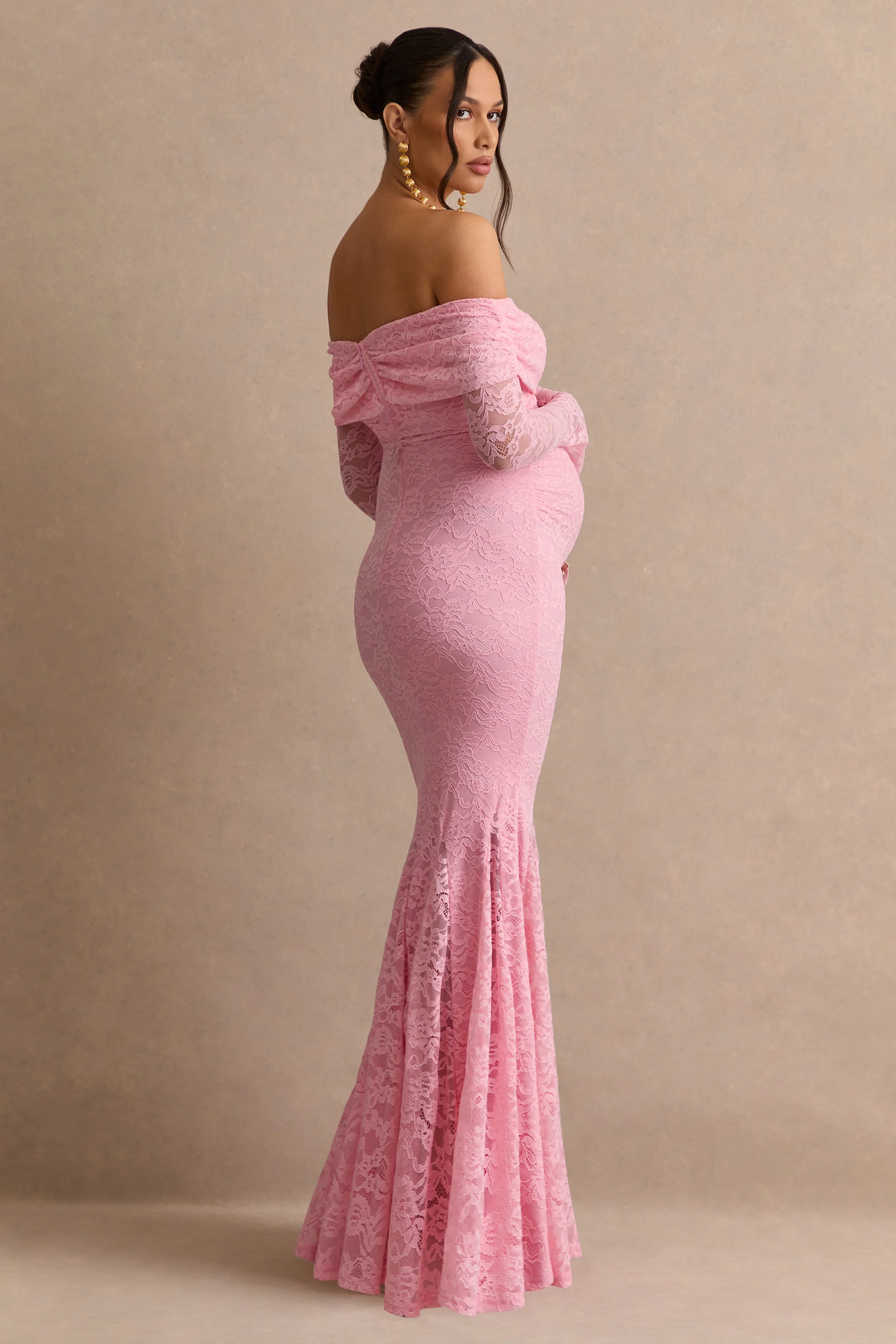 Valleria | Light Pink Lace Bardot-Neck Maternity Maxi Dress - Image 2