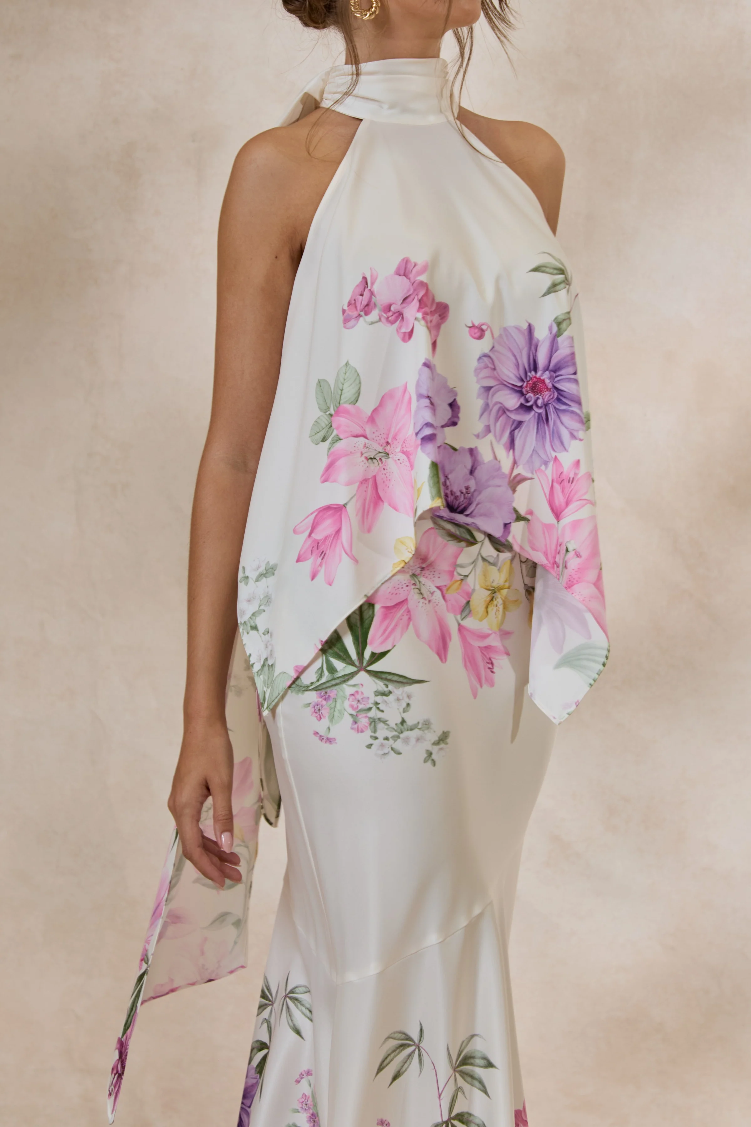 Vayla | Cream Floral Print Matte Satin Asymmetric Drop-Waist Maxi Skirt - Image 4