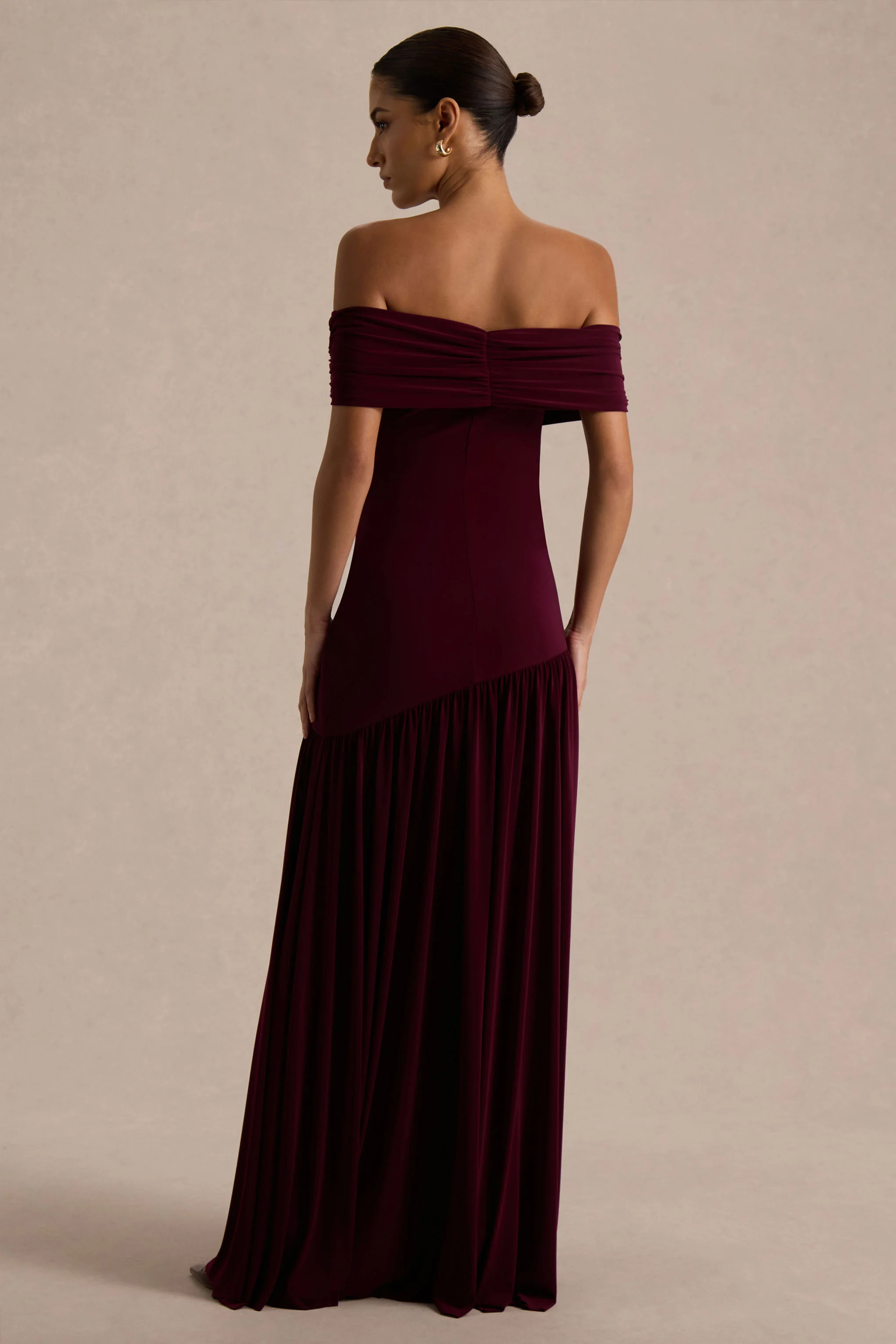 Venezia | Burgundy Bardot Maxi Dress With Drop-Waist - Image 2