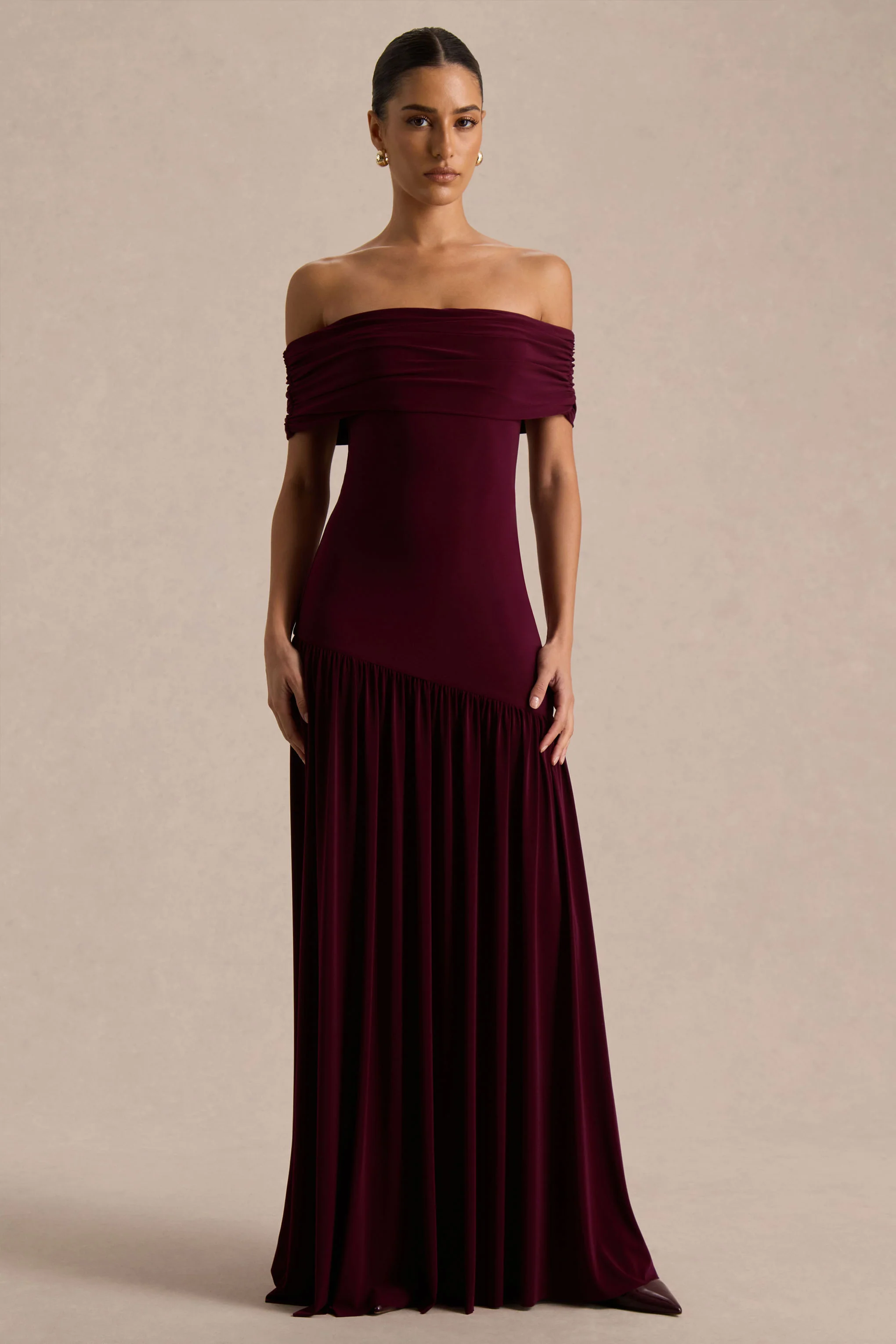 Venezia | Burgundy Bardot Maxi Dress With Drop-Waist - Image 3