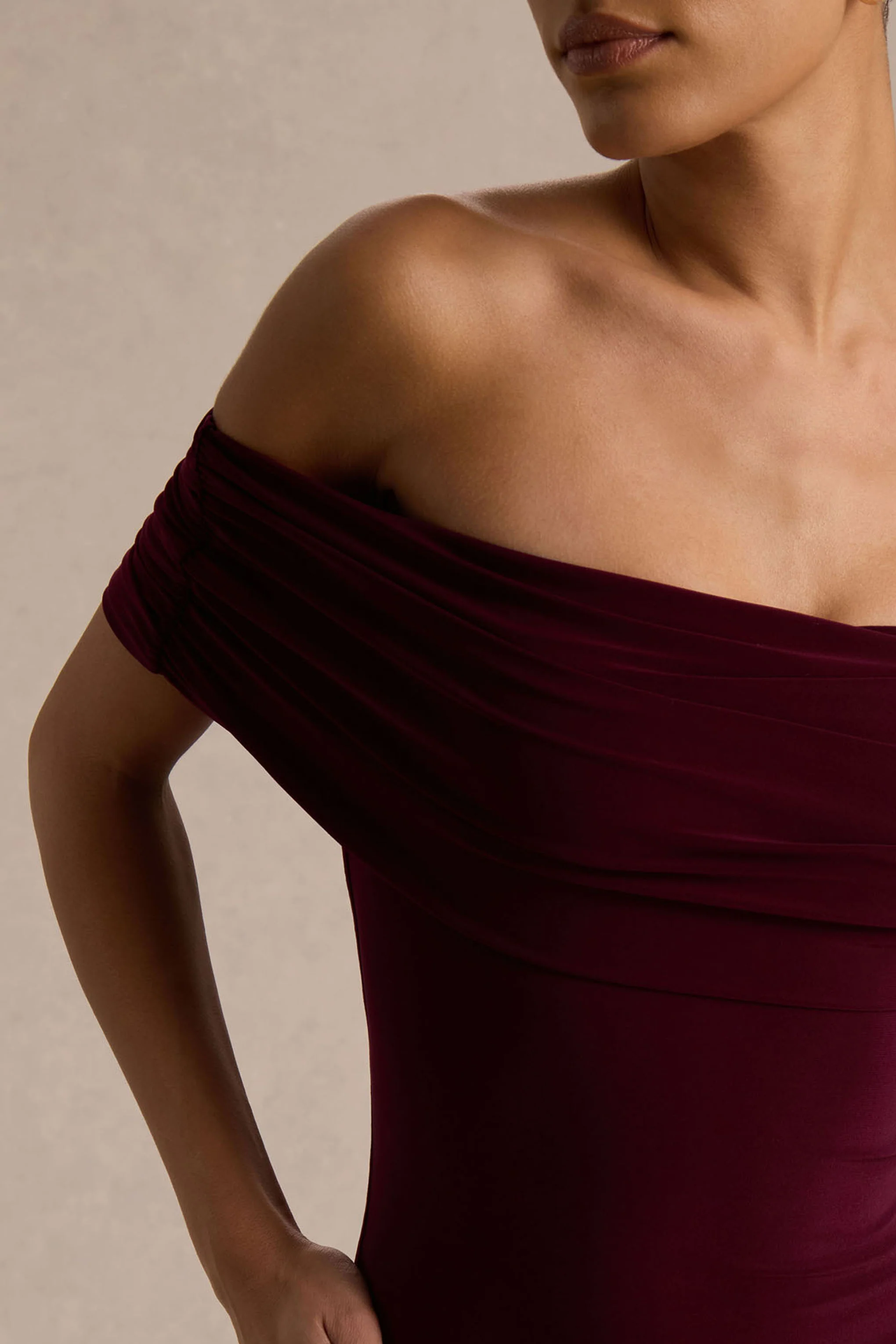 Venezia | Burgundy Bardot Maxi Dress With Drop-Waist - Image 4