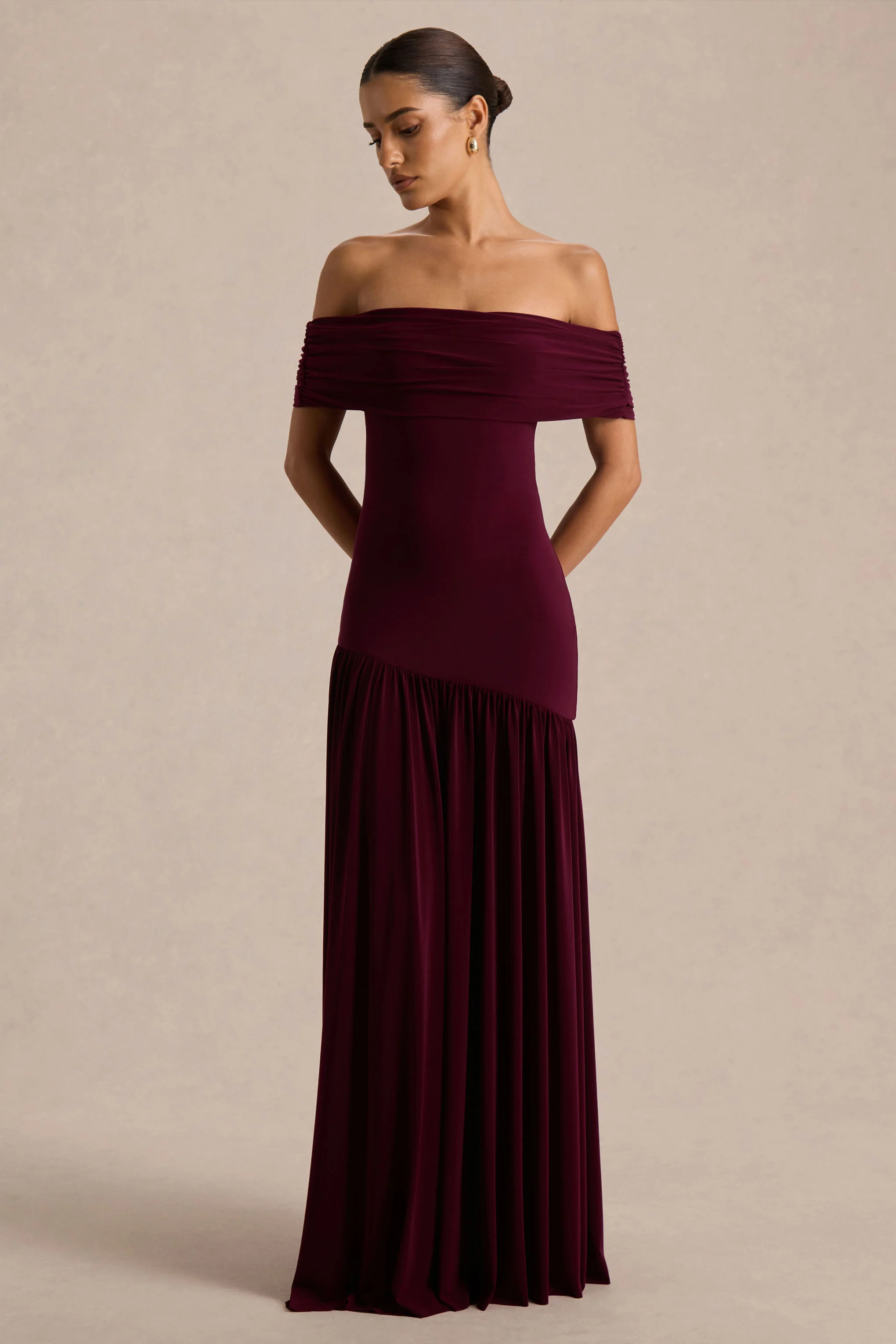 Venezia | Burgundy Bardot Maxi Dress With Drop-Waist - Image 5