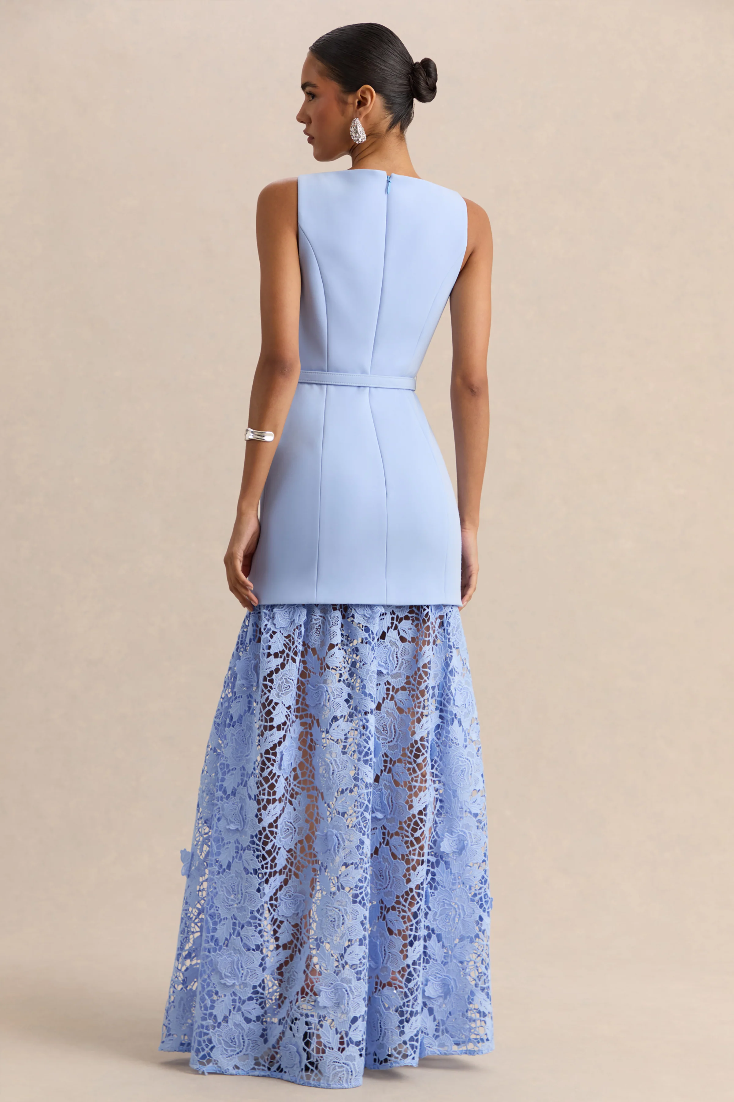 Verena | Powder Blue Boat-Neck Belted Maxi Dress With Lace Skirt - Image 2