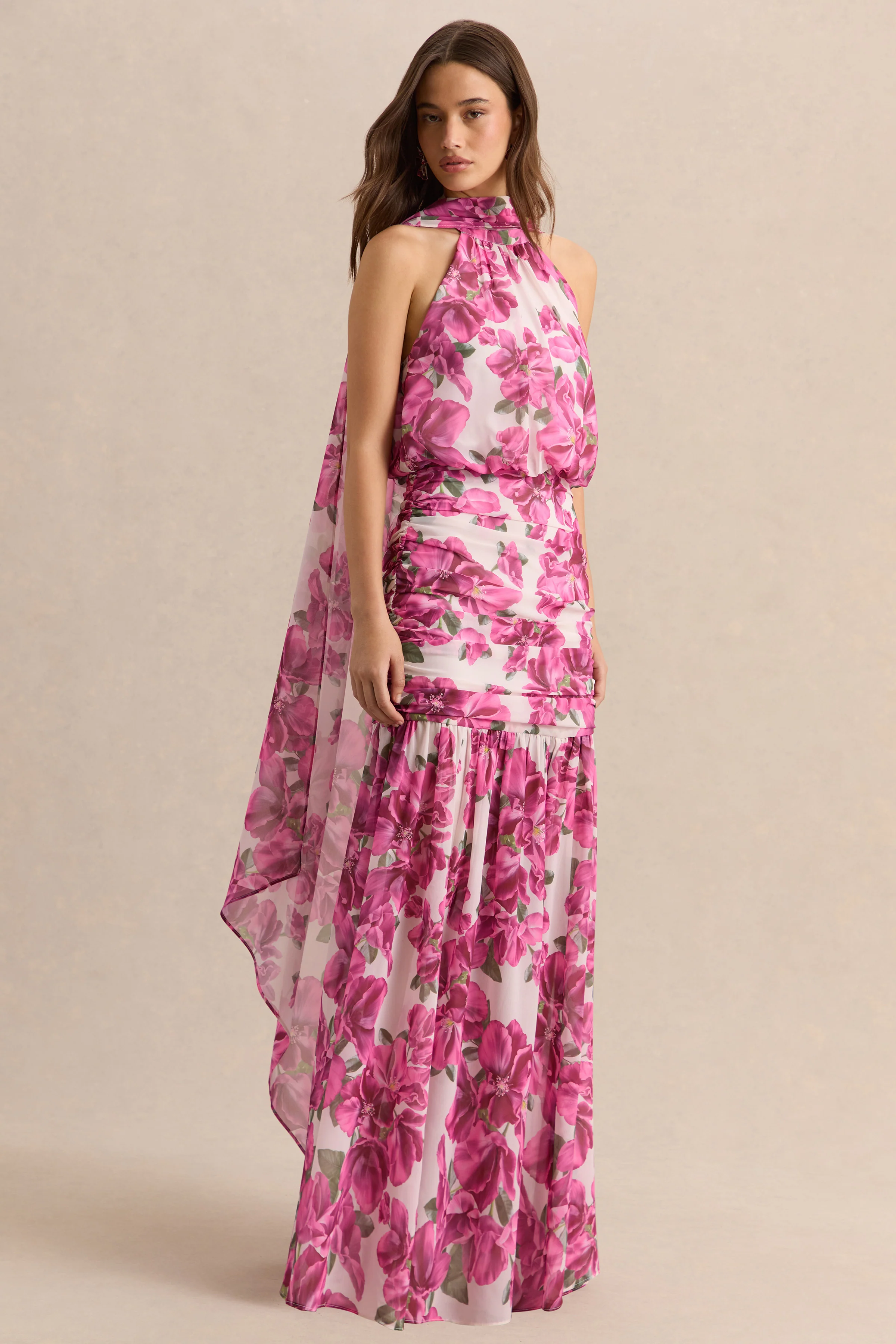 Veronique | Pink Hibiscus Floral Halter-Neck Maxi Dress - Image 6