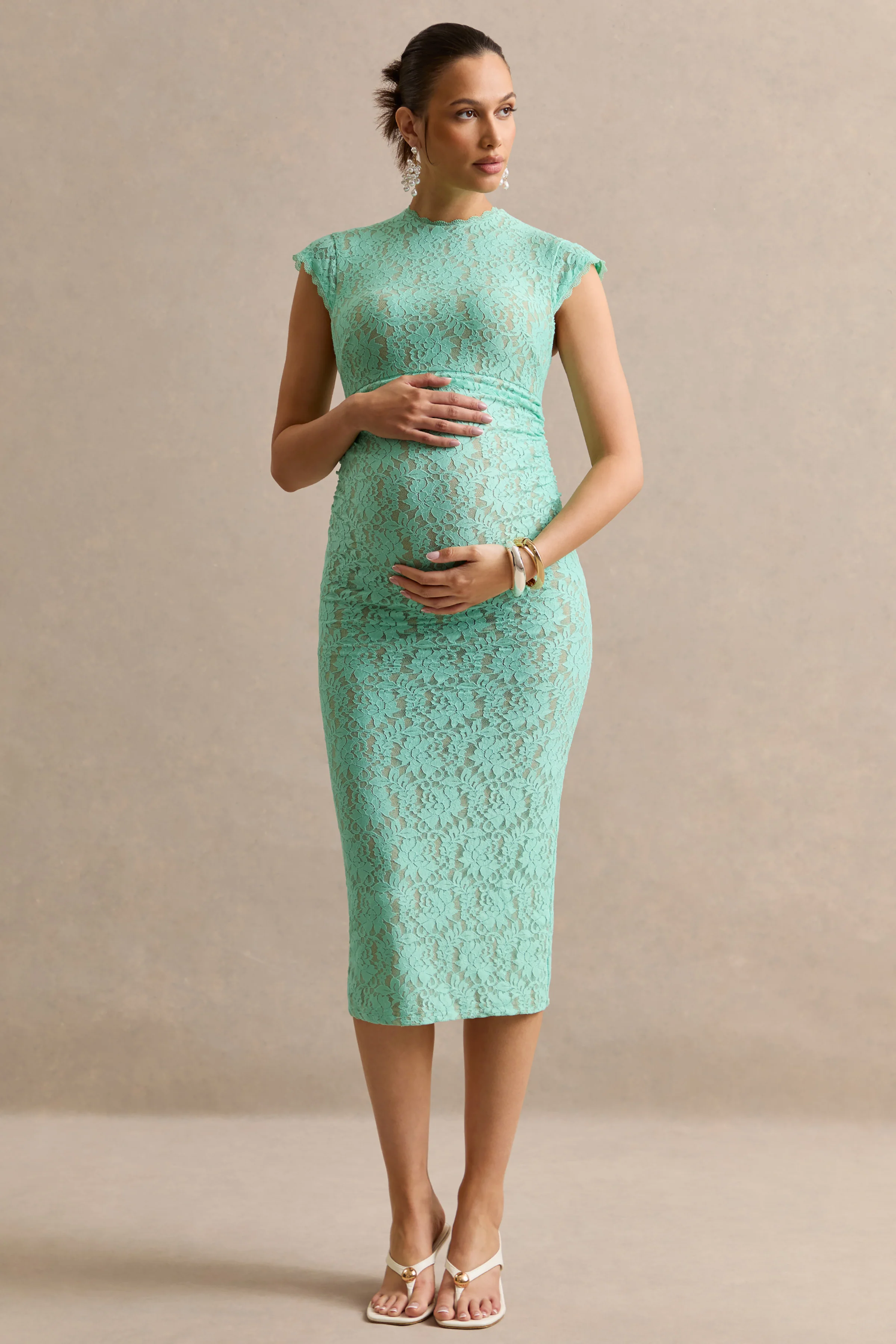 Vianne | Mint Lace Round-Neck Maternity Midi Dress