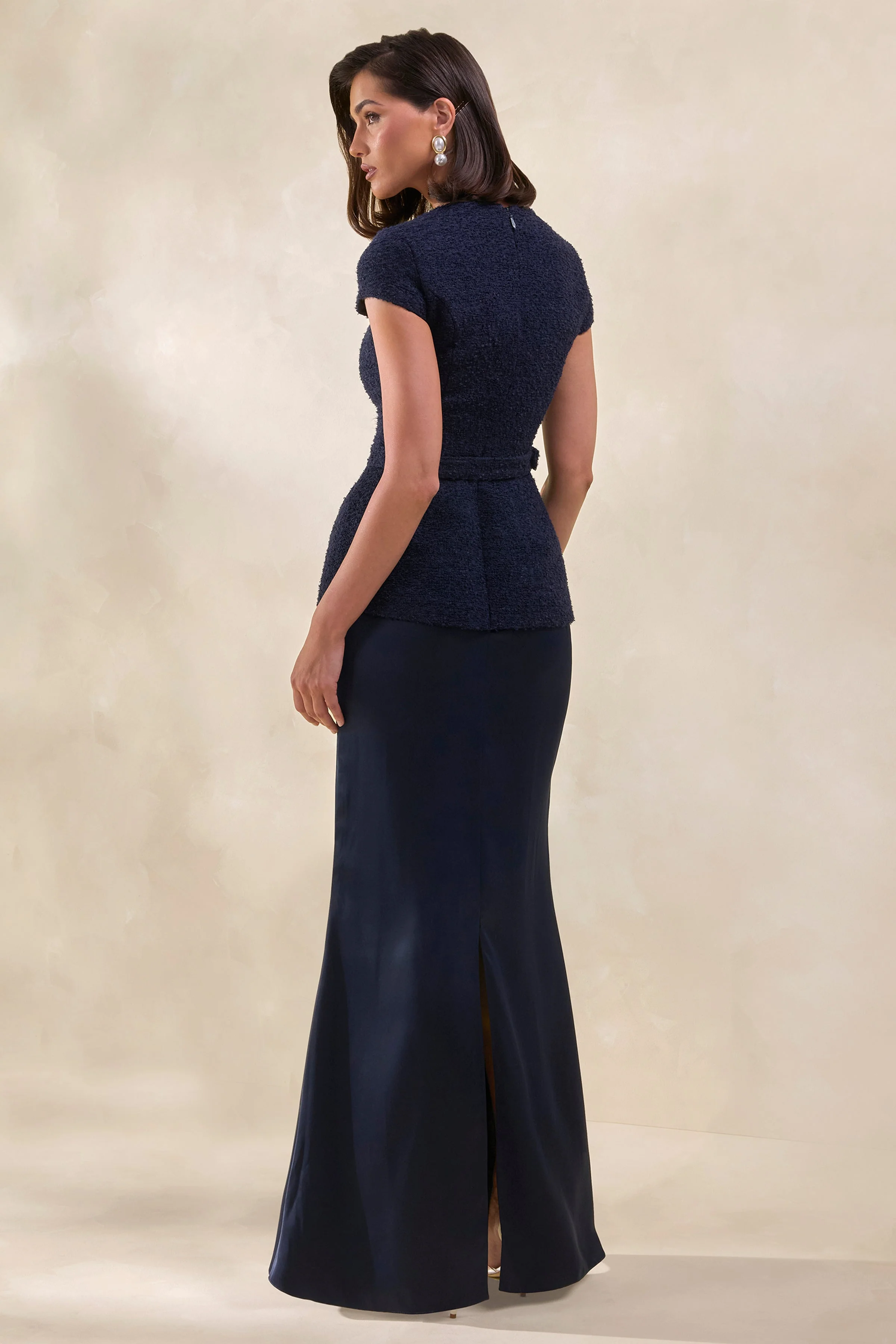 Whispera | Navy Crew-Neck Maxi Dress With Satin Skirt And Pocket-Details - Image 3