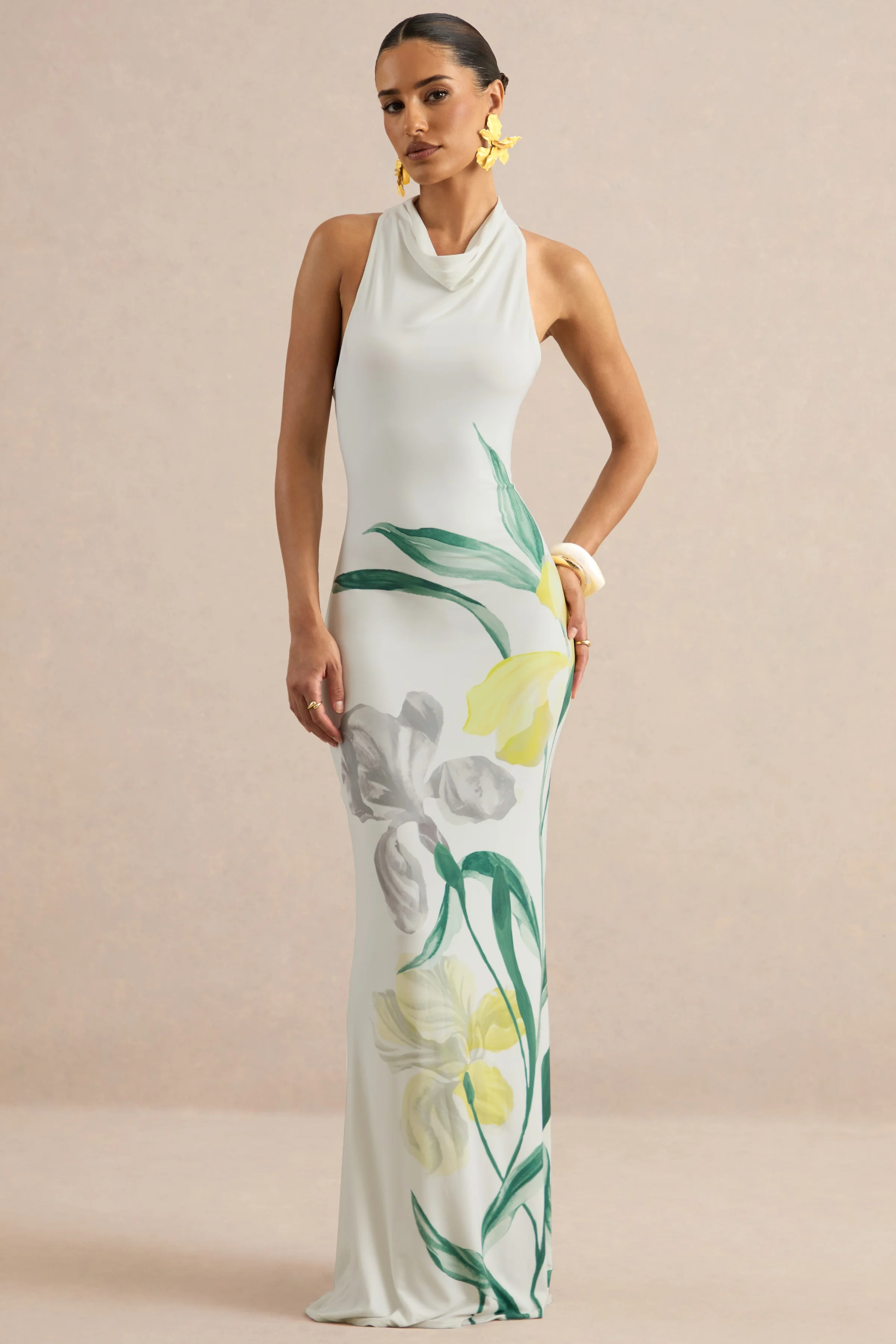 Wilber | Lemon Floral Print High-Neck Maxi Dress