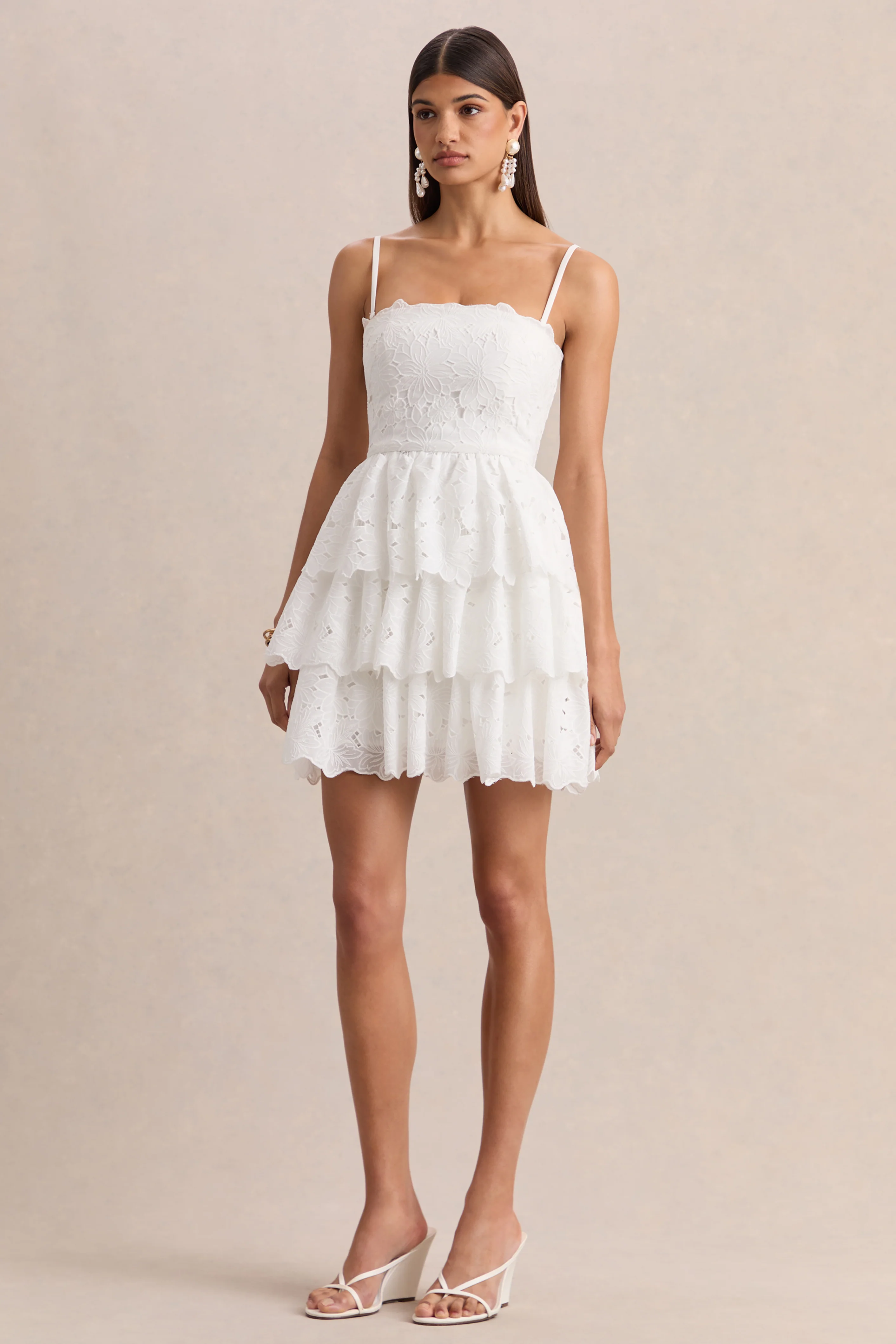 Winona | White Lace Square-Neck Mini Dress With Ruffled Detailing - Image 6