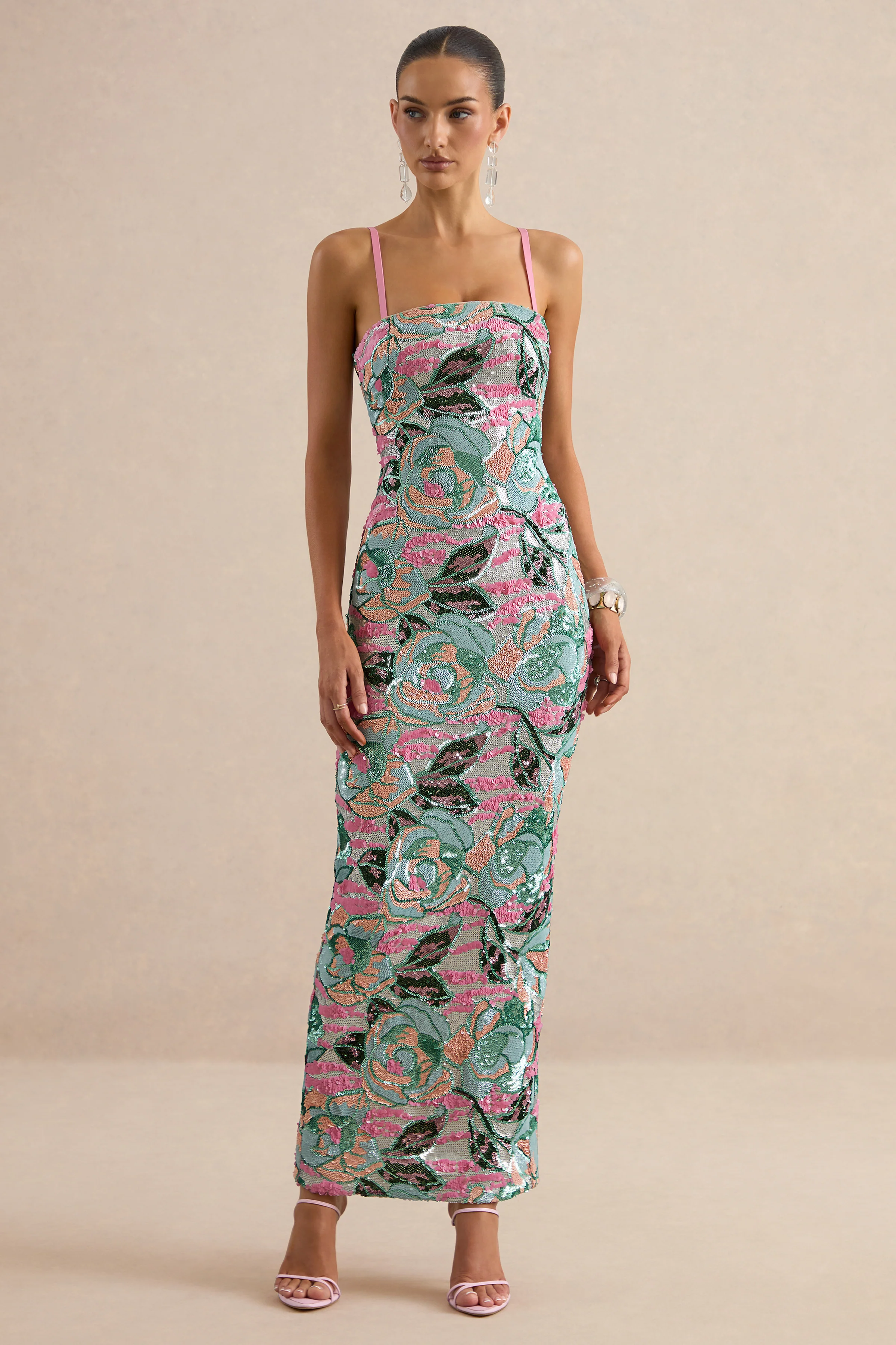 Xandra | Light Blue Floral Print Sequin Bandeau-Neck Maxi Dress - Image 5