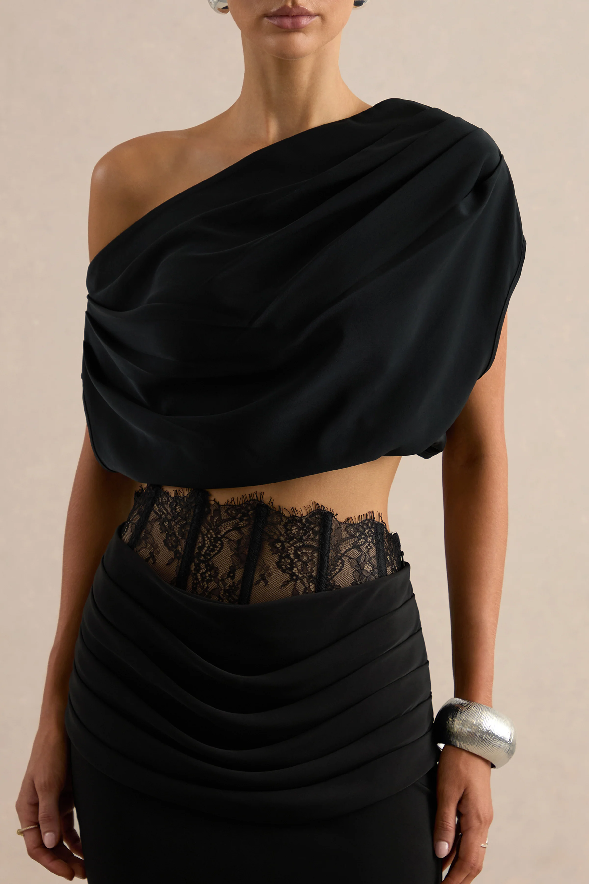 Yaselle | Black Satin Asymmetric-Neck Crop-Top - Image 5