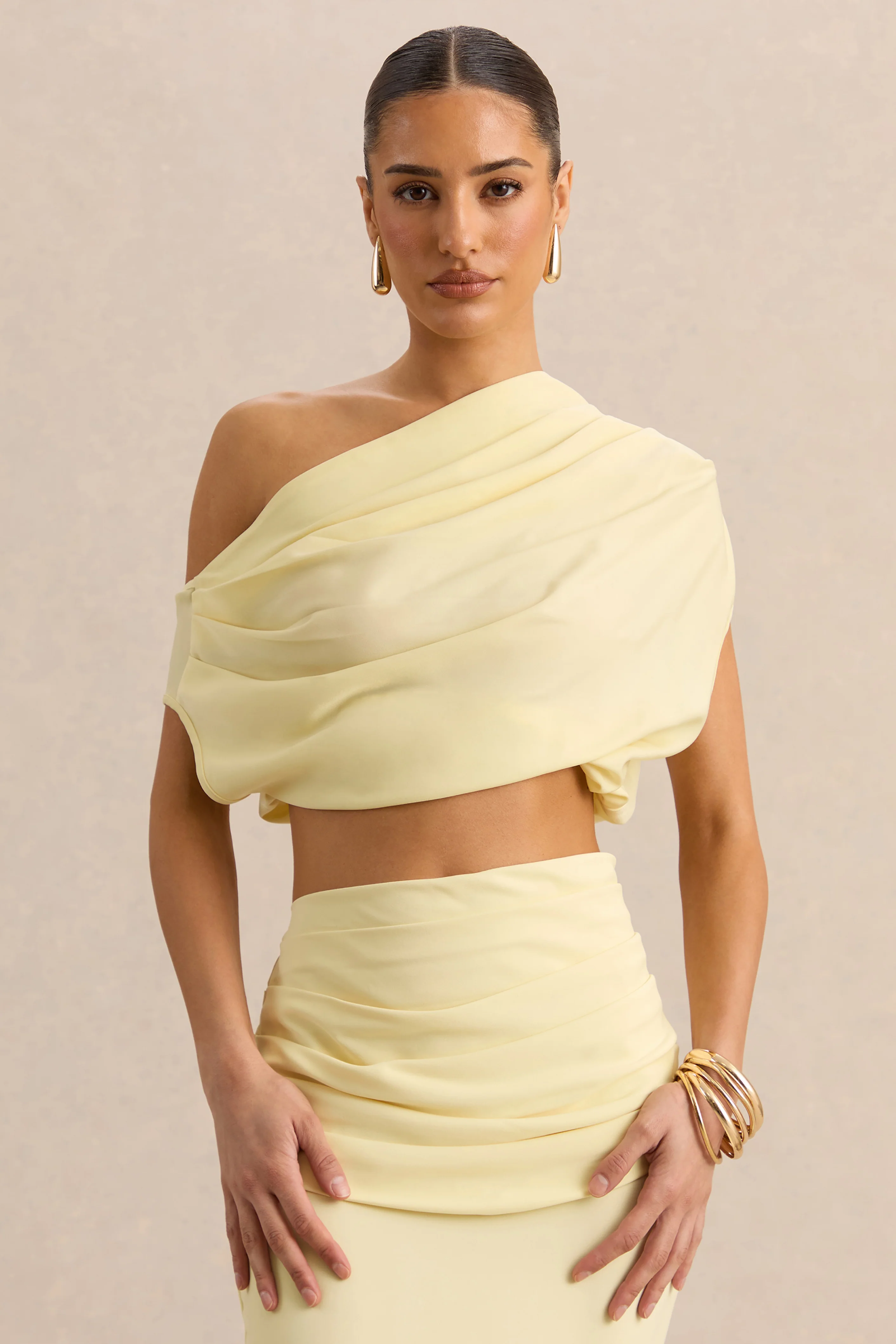 Yaselle | Lemon Satin Asymmetric-Neck Crop-Top - Image 2