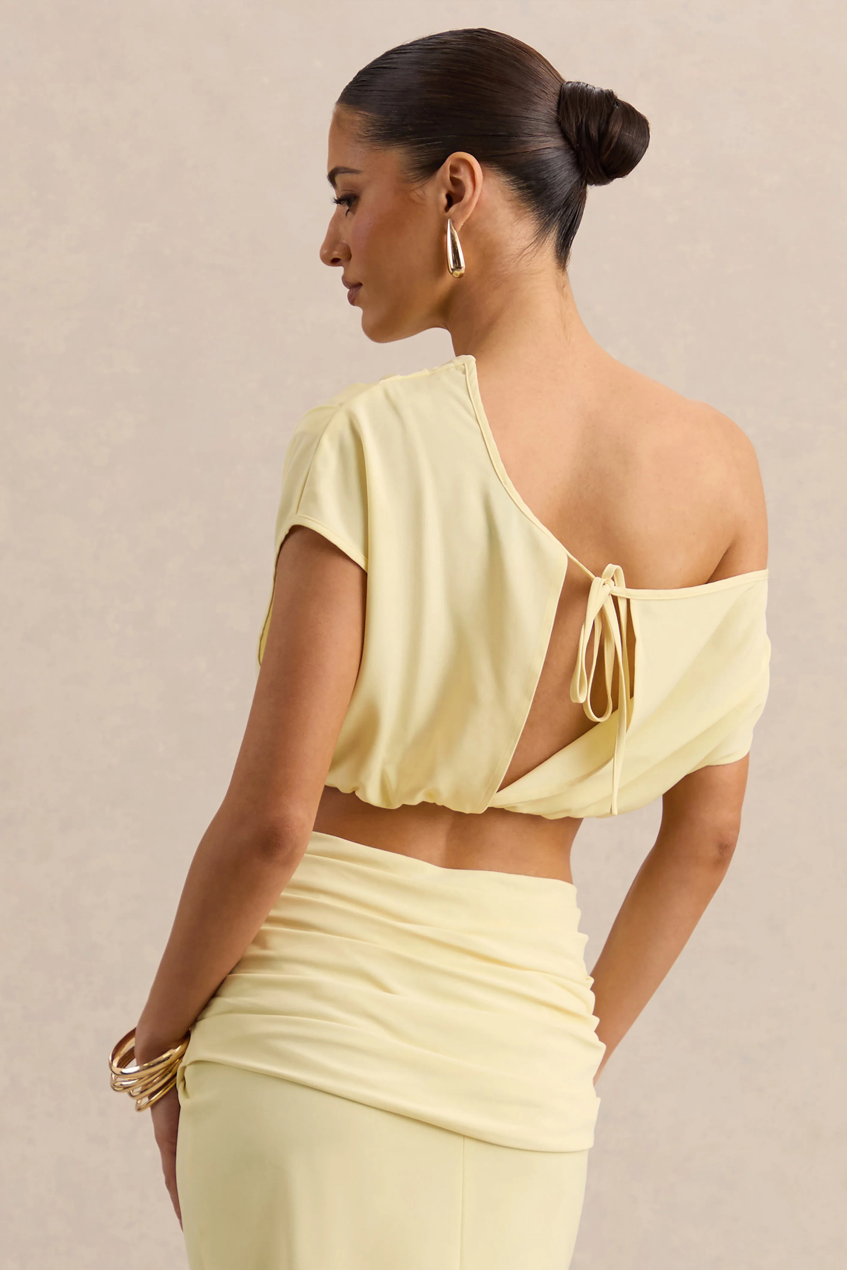 Yaselle | Lemon Satin Asymmetric-Neck Crop-Top - Image 3