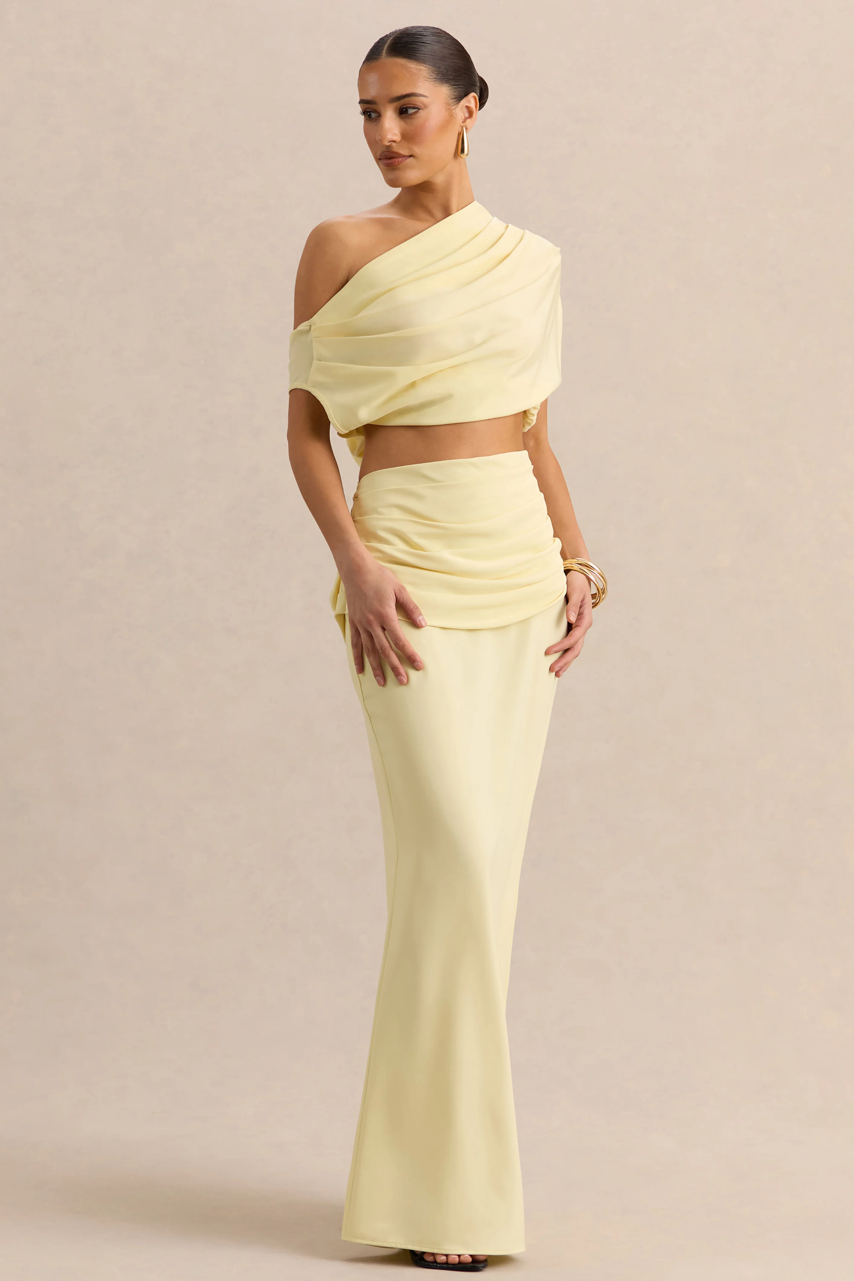 Yaselle | Lemon Satin Asymmetric-Neck Crop-Top - Image 4