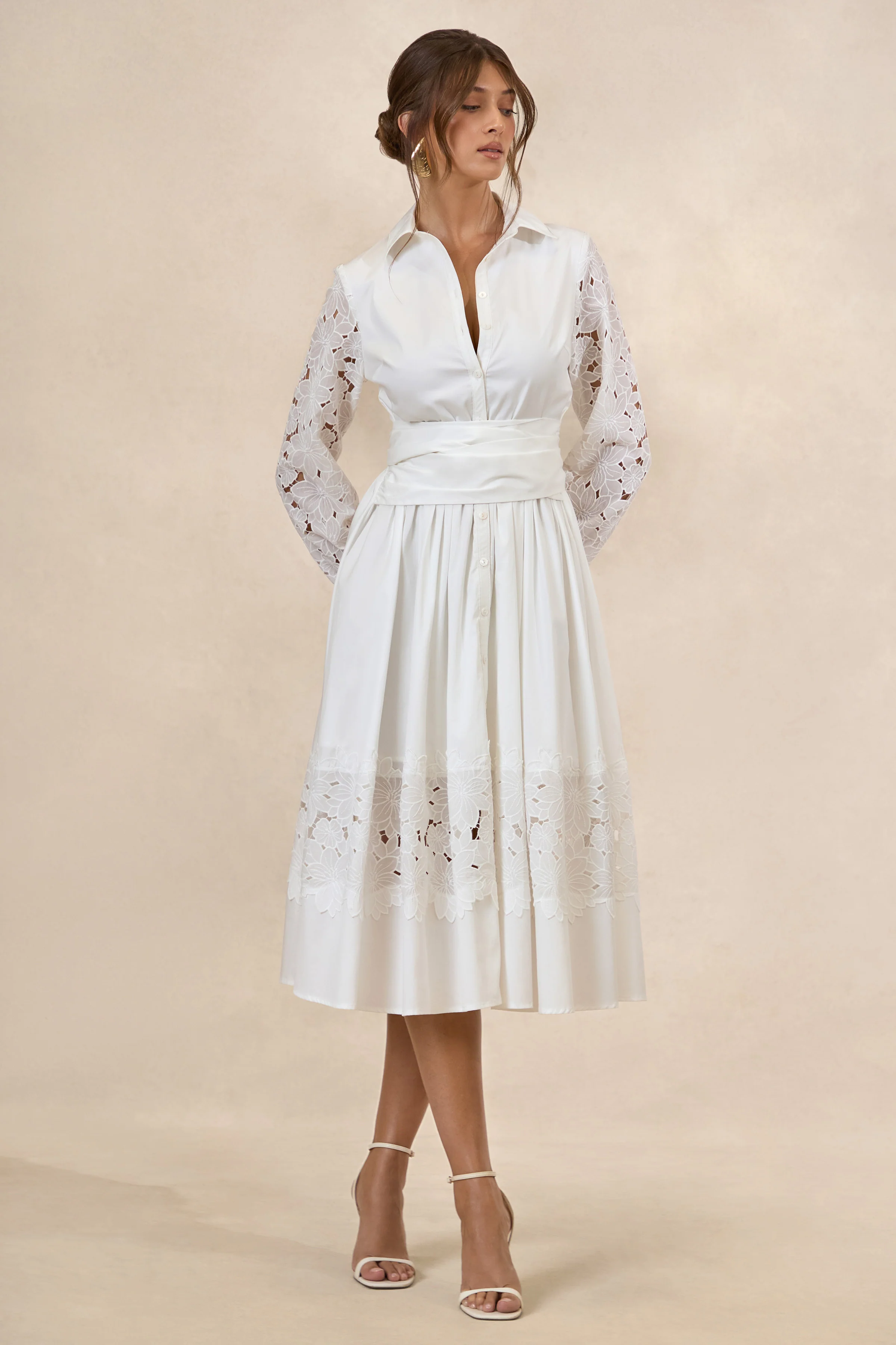 Zalynne | White Broderie Collared-Neck Midi Dress - Image 4