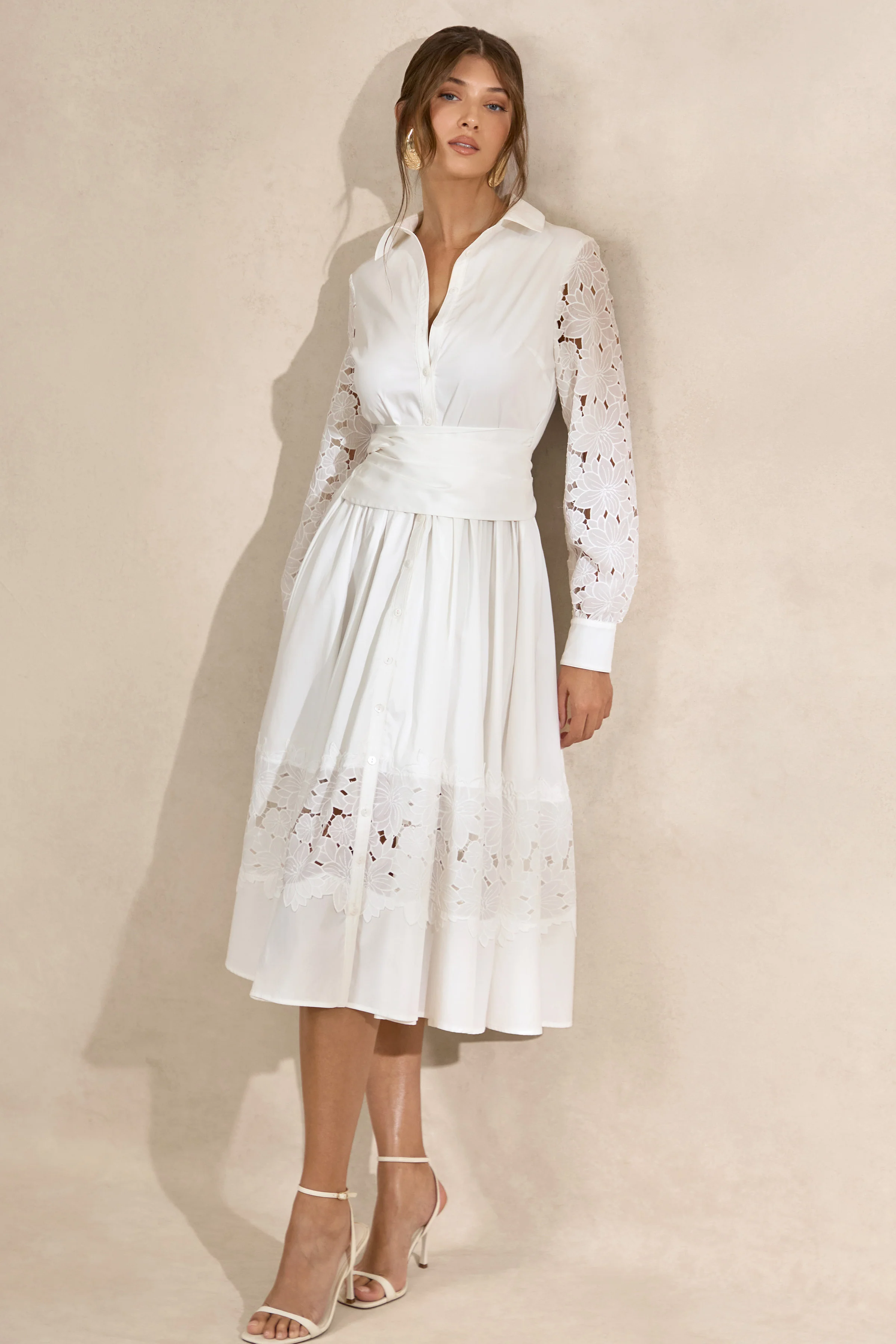 Zalynne | White Broderie Collared-Neck Midi Dress - Image 5