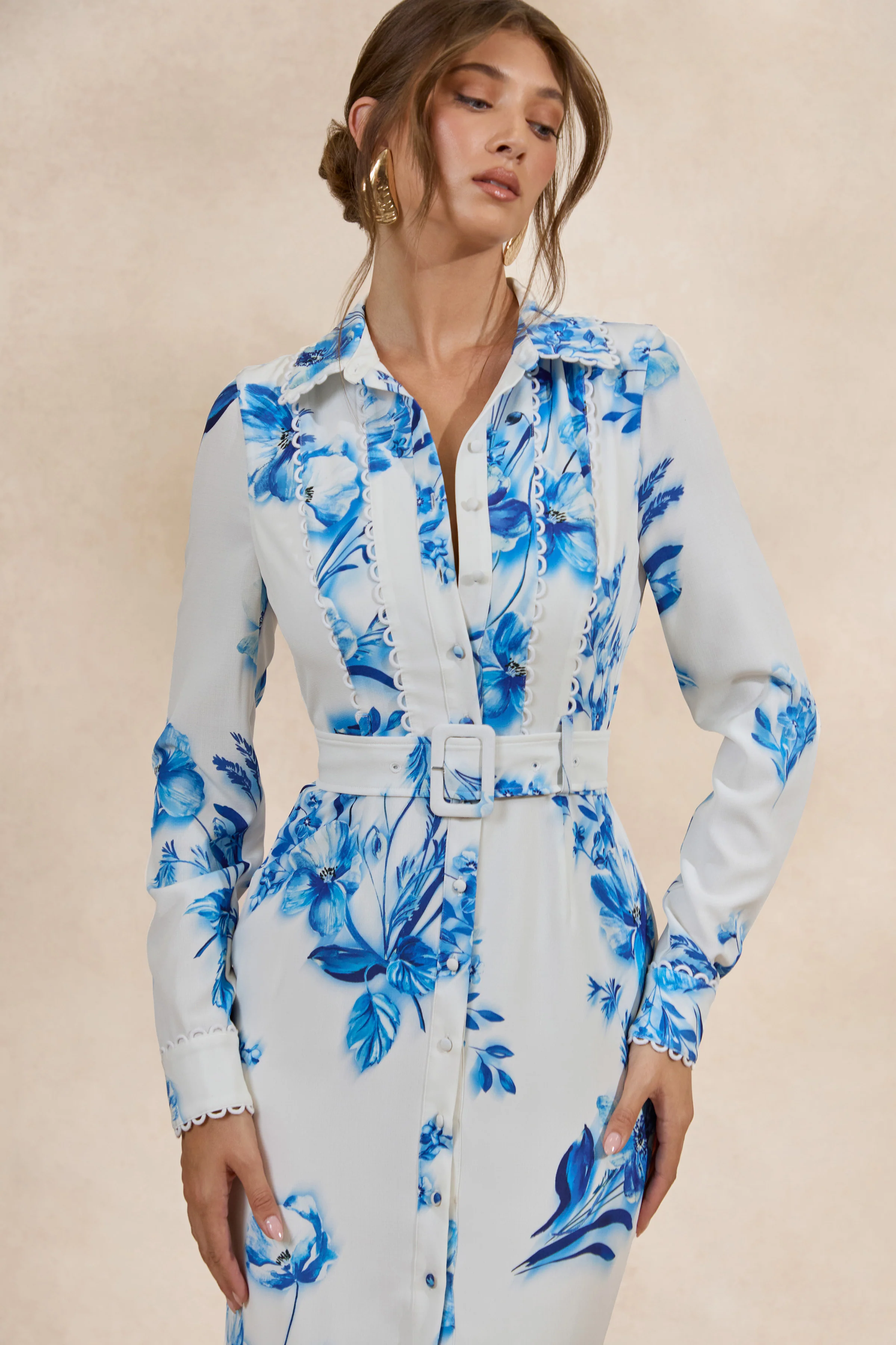 Zephy | Blue Floral Print Belted Shirt Midi Dress - Image 5
